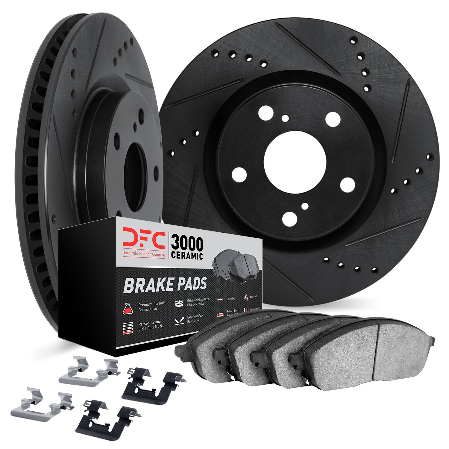 8312-13034 Drilled/Slotted Brake Rotors with 3000-Series Ceramic Brake Pads Kit & Hardware [Black], 2003-2020 Multiple Makes/Mod