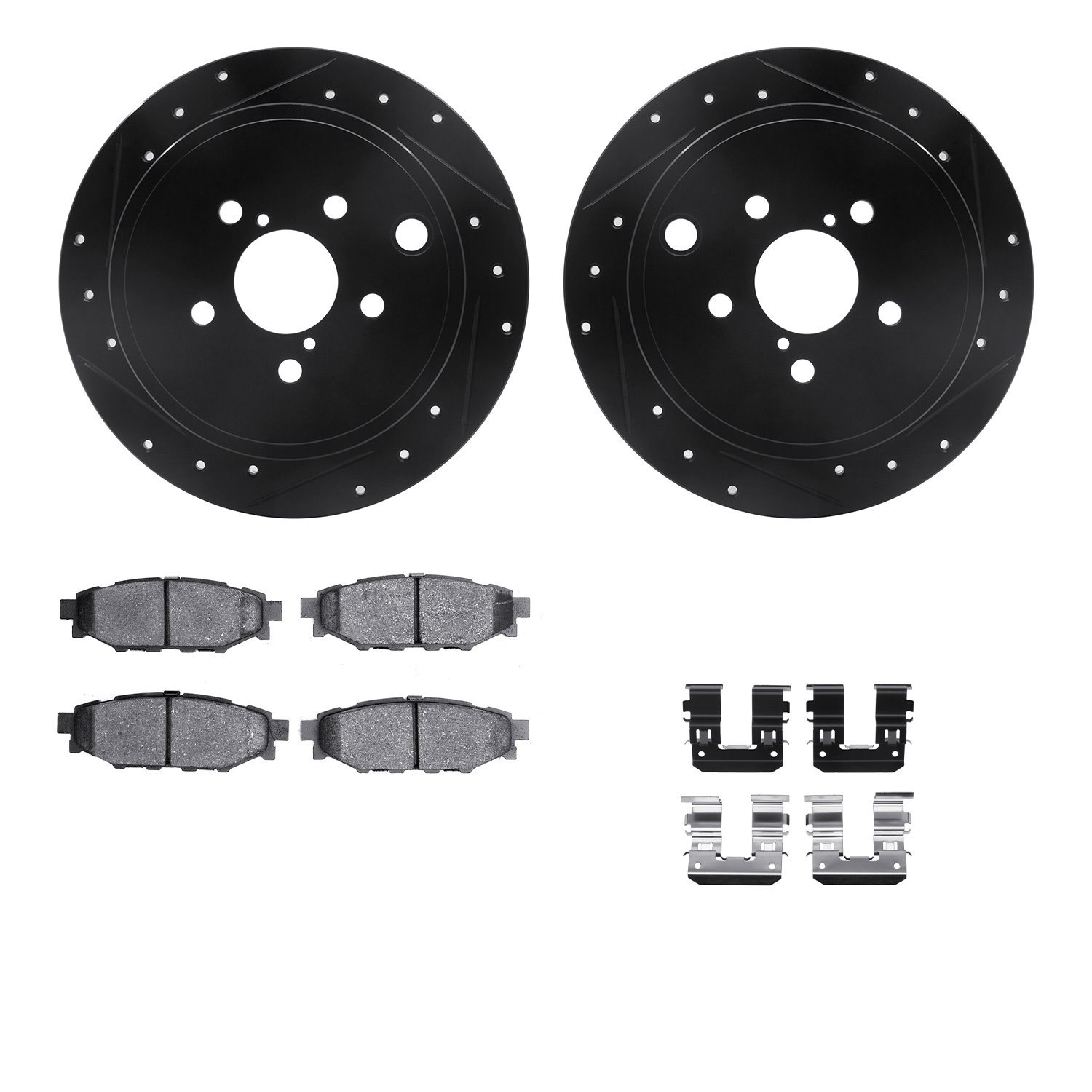 8312-13041 Drilled/Slotted Brake Rotors with 3000-Series Ceramic Brake Pads Kit & Hardware [Black], 2008-2015 Subaru, Position: