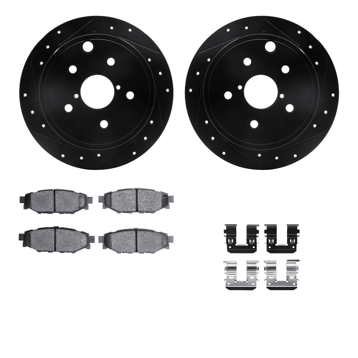 8312-13042 Drilled/Slotted Brake Rotors with 3000-Series Ceramic Brake Pads Kit & Hardware [Black], 2015-2021 Subaru, Position: