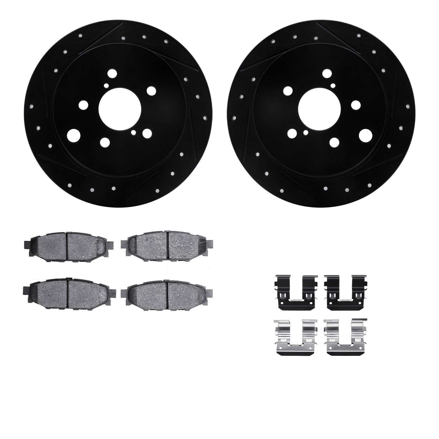 8312-13043 Drilled/Slotted Brake Rotors with 3000-Series Ceramic Brake Pads Kit & Hardware [Black], Fits Select Subaru, Position