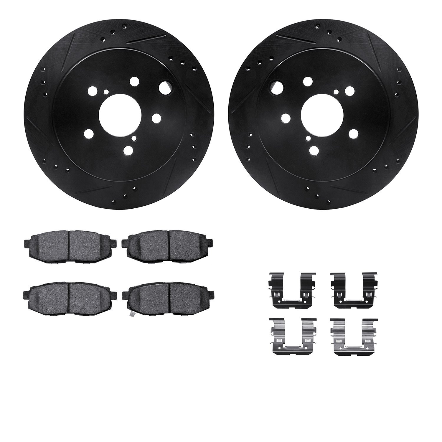 8312-13045 Drilled/Slotted Brake Rotors with 3000-Series Ceramic Brake Pads Kit & Hardware [Black], 2014-2018 Subaru, Position: