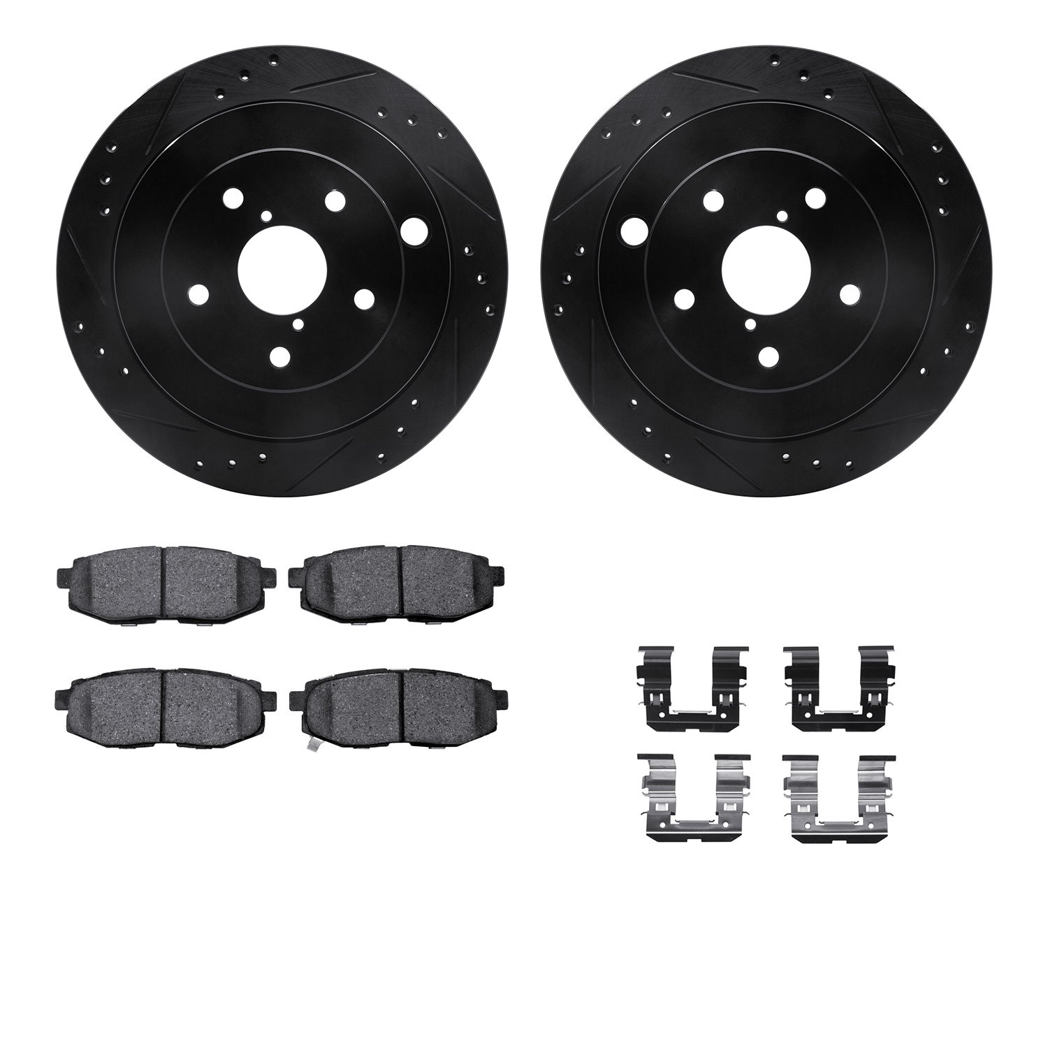 8312-13046 Drilled/Slotted Brake Rotors with 3000-Series Ceramic Brake Pads Kit & Hardware [Black], 2006-2014 Subaru, Position: