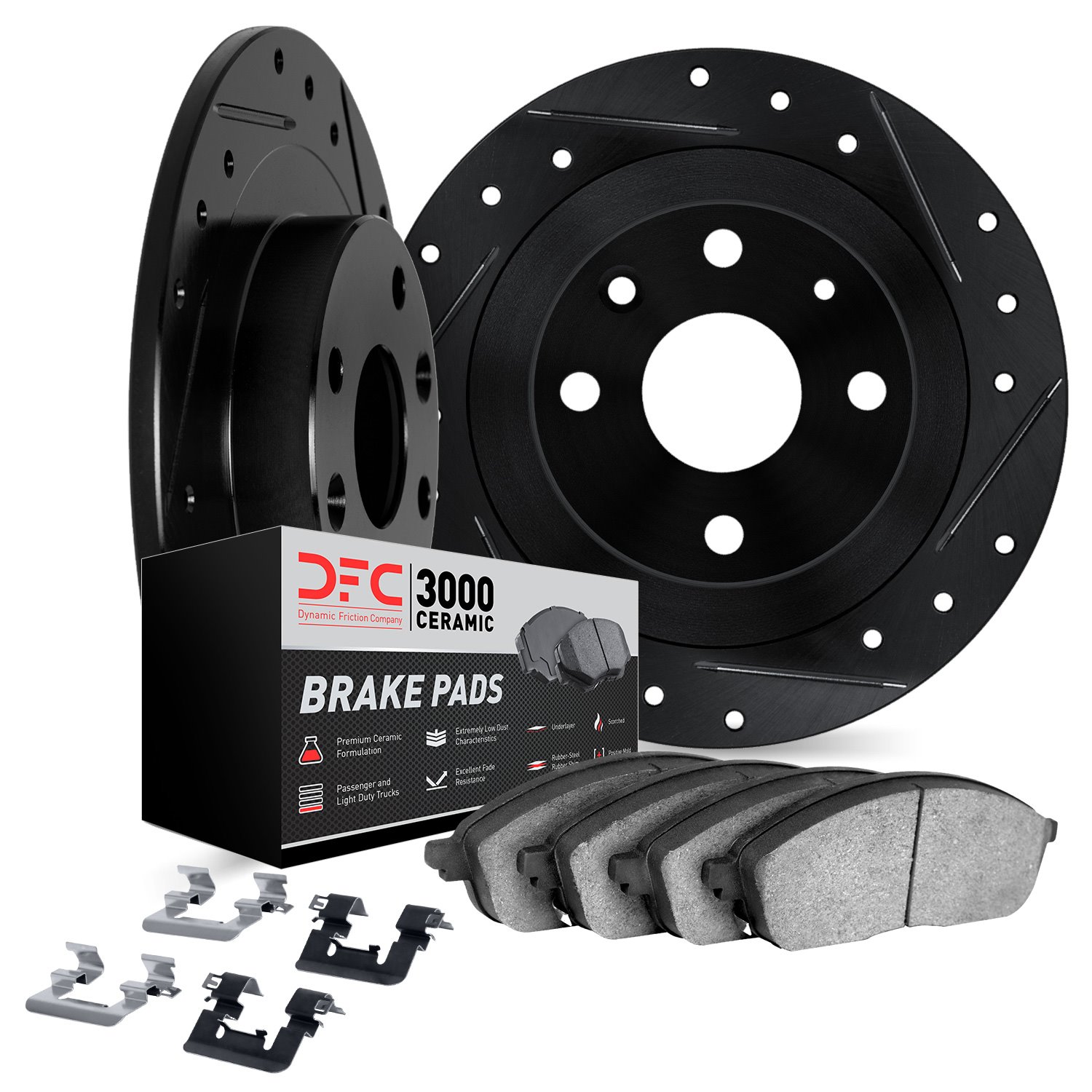 8312-14002 Drilled/Slotted Brake Rotors with 3000-Series Ceramic Brake Pads Kit & Hardware [Black], 1972-1972 Triumph, Position: