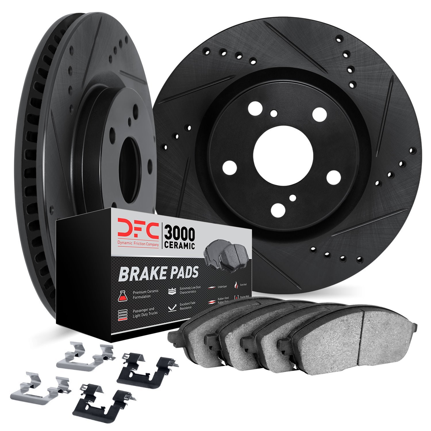 8312-18004 Drilled/Slotted Brake Rotors with 3000-Series Ceramic Brake Pads Kit & Hardware [Black], 1999-2002 GM, Position: Fron