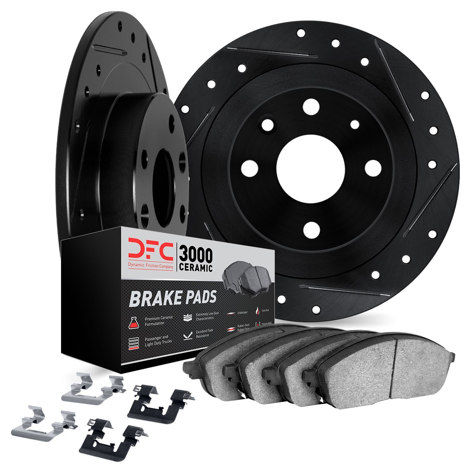 8312-20001 Drilled/Slotted Brake Rotors with 3000-Series Ceramic Brake Pads Kit & Hardware [Black], 1968-1970 Jaguar, Position: