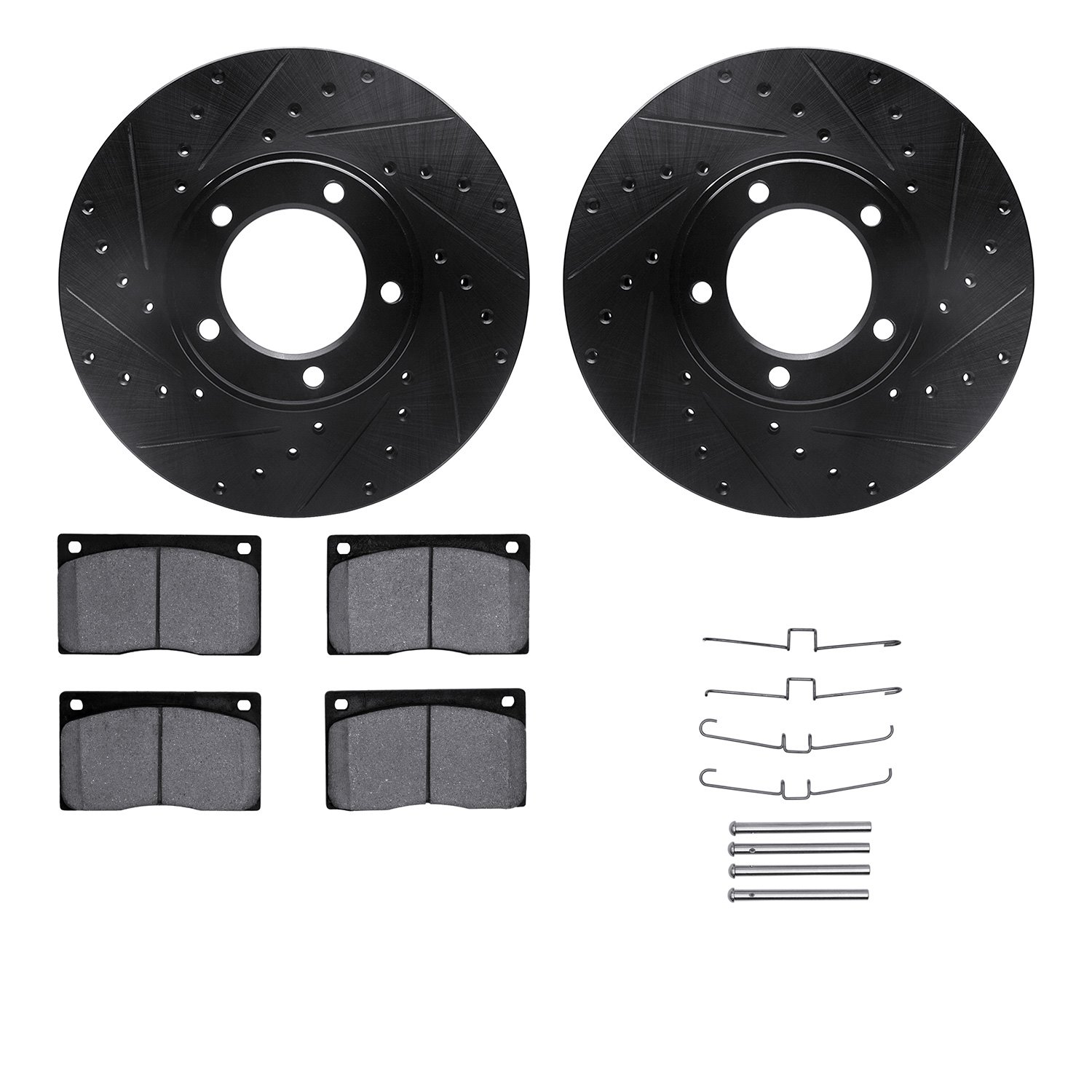 8312-20002 Drilled/Slotted Brake Rotors with 3000-Series Ceramic Brake Pads Kit & Hardware [Black], 1973-1997 Jaguar, Position: