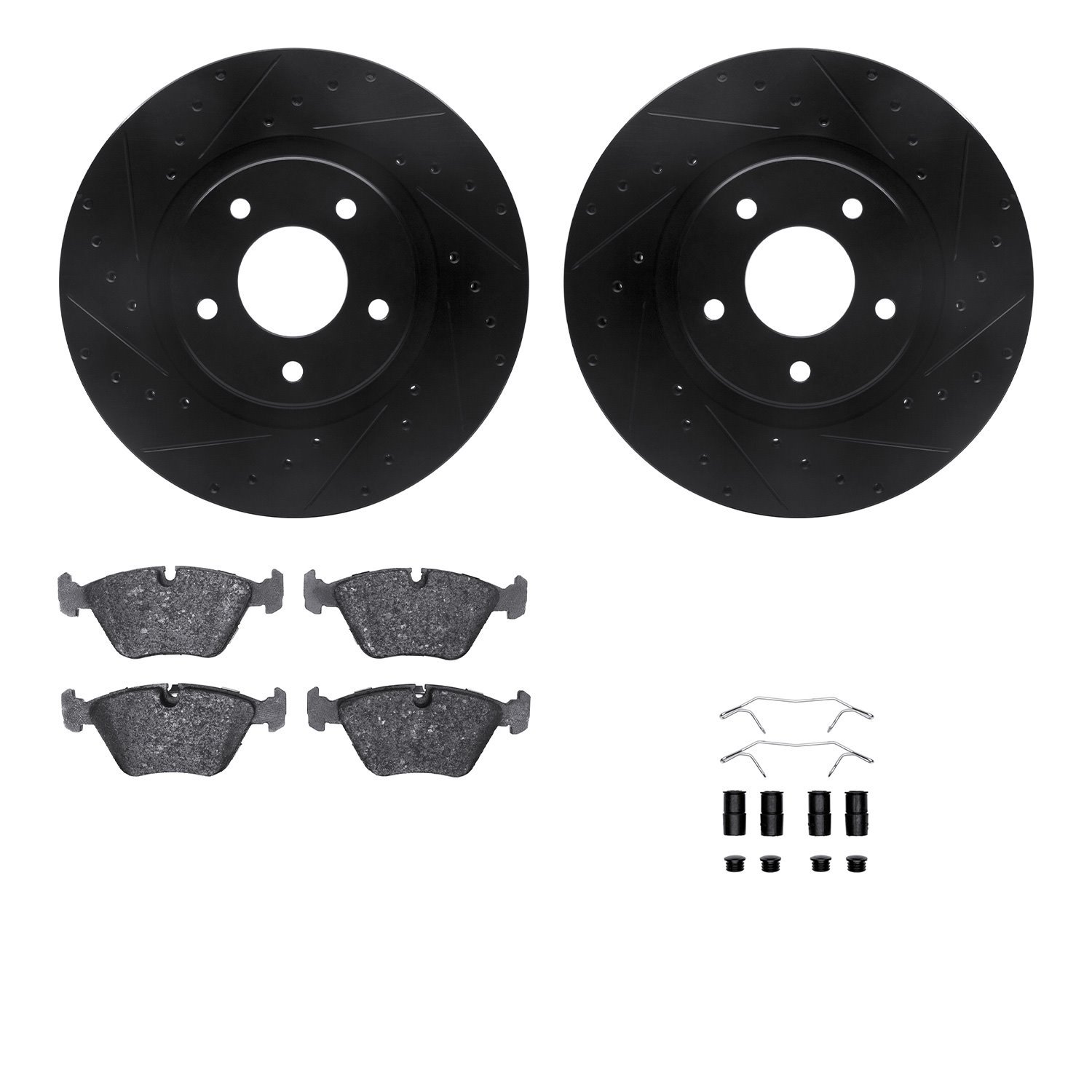 8312-20005 Drilled/Slotted Brake Rotors with 3000-Series Ceramic Brake Pads Kit & Hardware [Black], 1998-2006 Jaguar, Position: