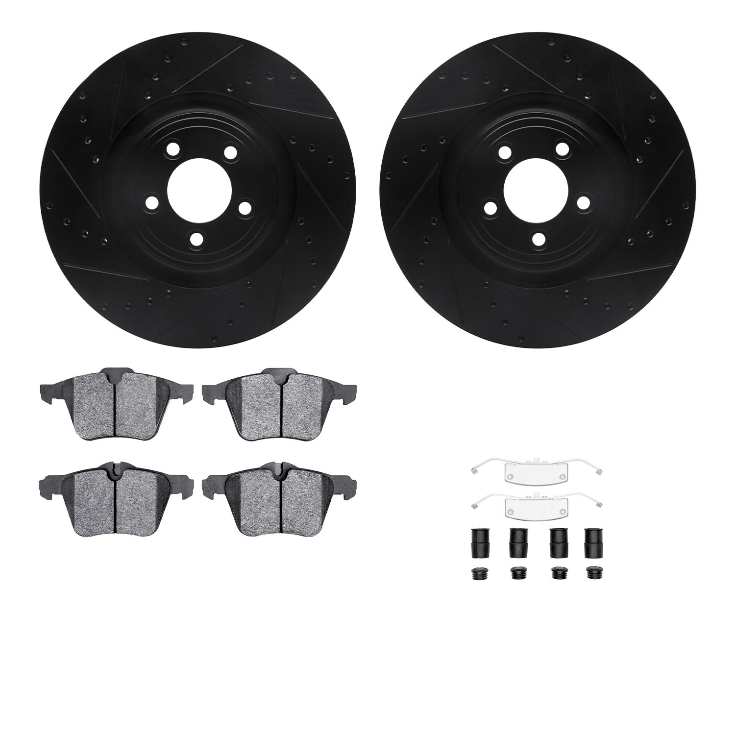 8312-20016 Drilled/Slotted Brake Rotors with 3000-Series Ceramic Brake Pads Kit & Hardware [Black], 2010-2019 Jaguar, Position: