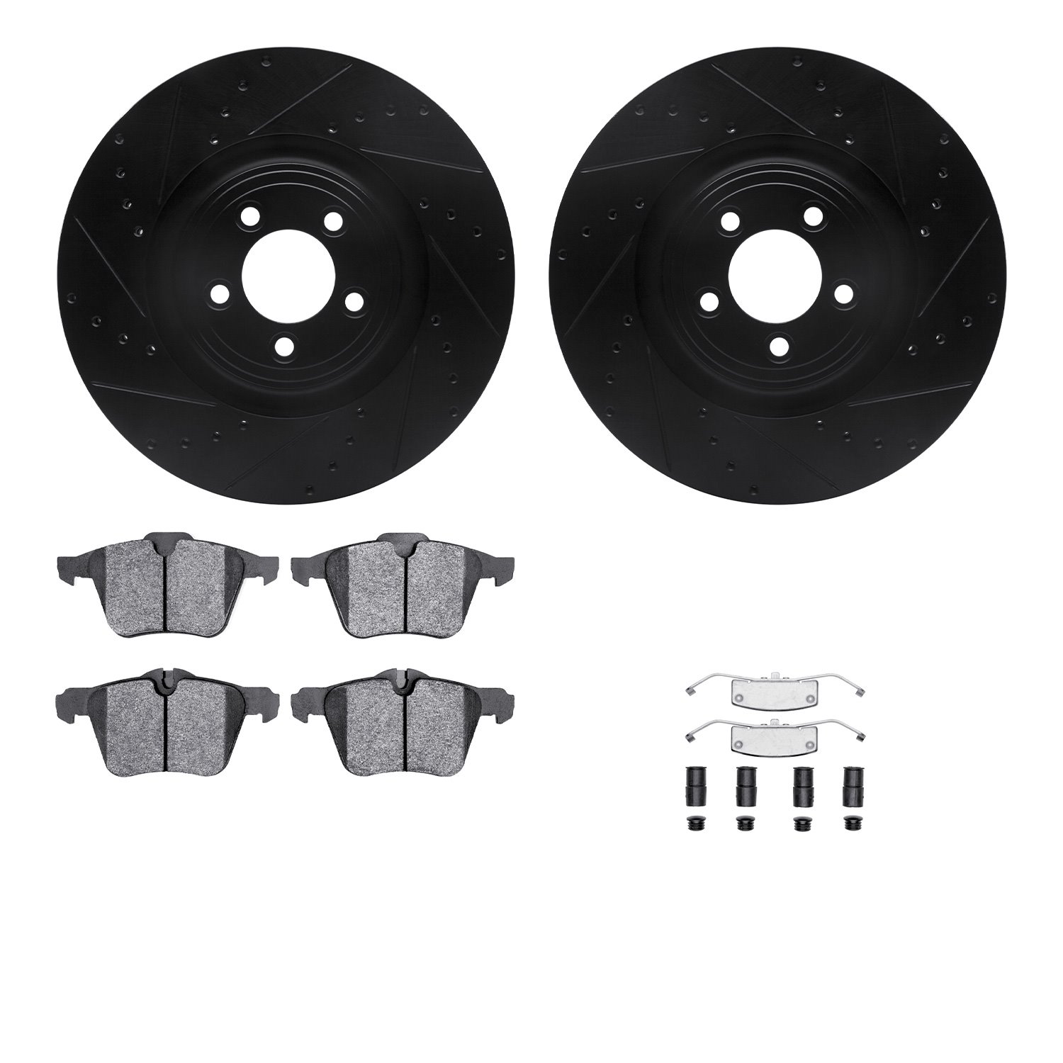 8312-20017 Drilled/Slotted Brake Rotors with 3000-Series Ceramic Brake Pads Kit & Hardware [Black], 2009-2015 Jaguar, Position:
