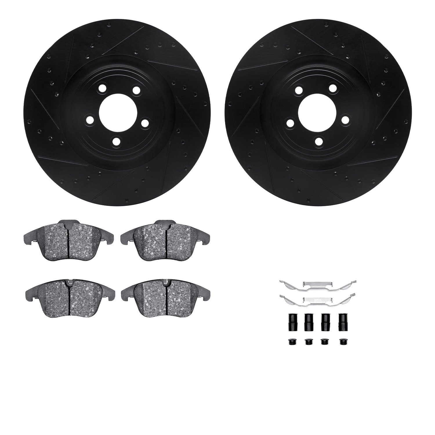 8312-20019 Drilled/Slotted Brake Rotors with 3000-Series Ceramic Brake Pads Kit & Hardware [Black], 2013-2015 Jaguar, Position: