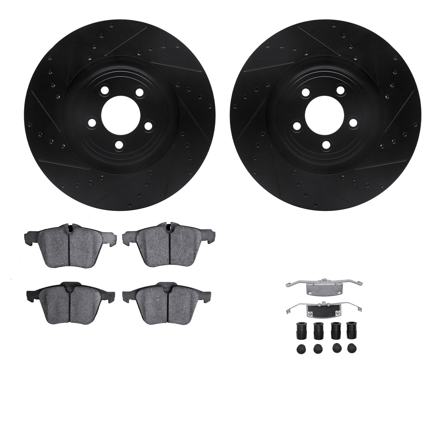 8312-20021 Drilled/Slotted Brake Rotors with 3000-Series Ceramic Brake Pads Kit & Hardware [Black], 2013-2021 Jaguar, Position: