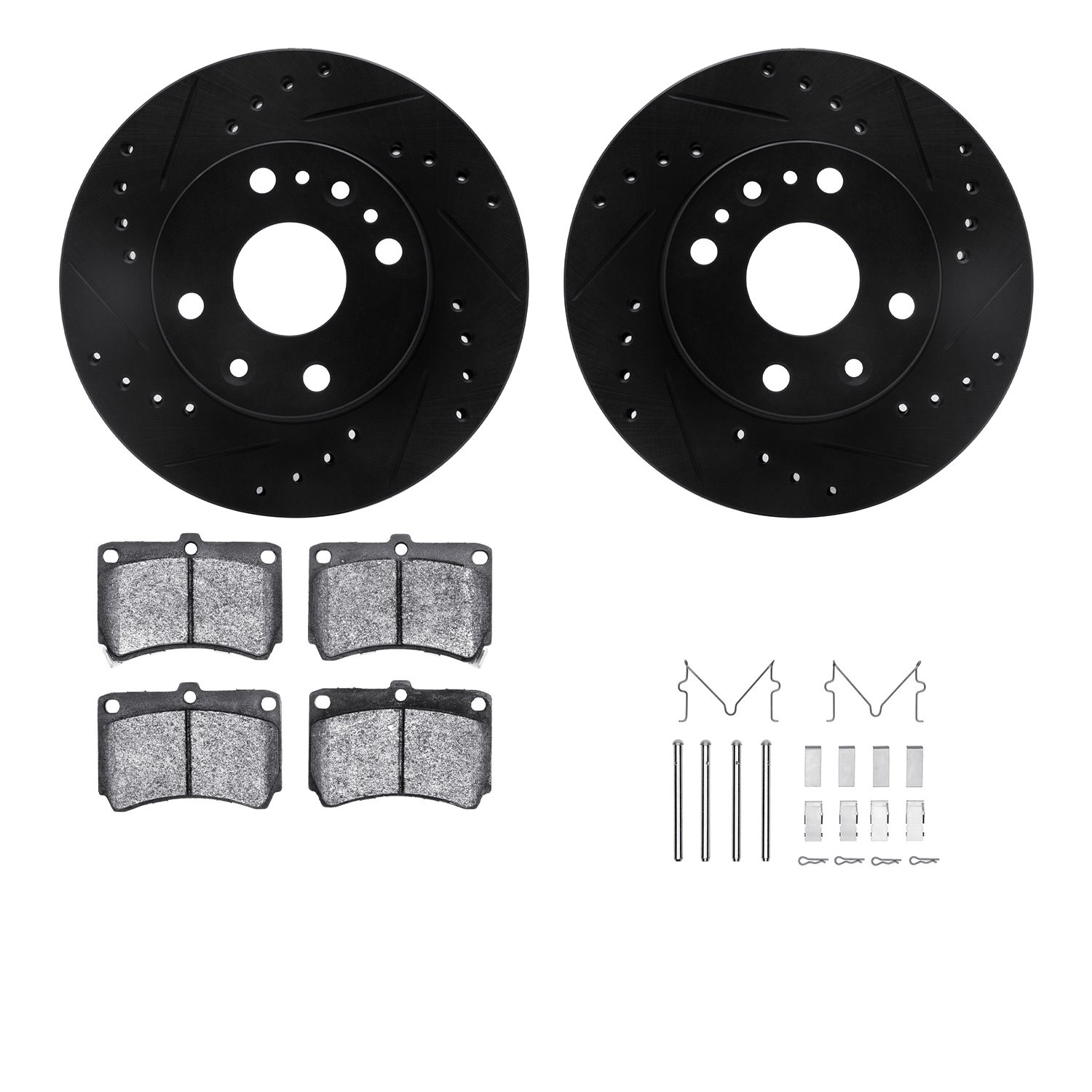 8312-21002 Drilled/Slotted Brake Rotors with 3000-Series Ceramic Brake Pads Kit & Hardware [Black], 1994-2002 Multiple Makes/Mod