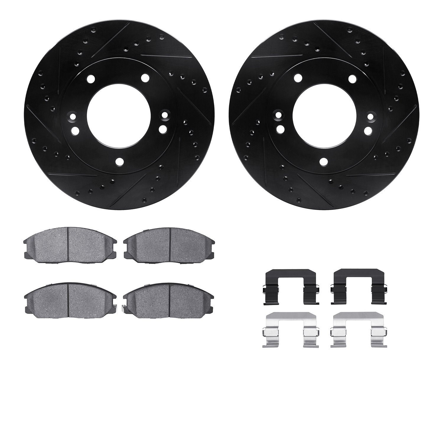 8312-21009 Drilled/Slotted Brake Rotors with 3000-Series Ceramic Brake Pads Kit & Hardware [Black], 2003-2006 Kia/Hyundai/Genesi