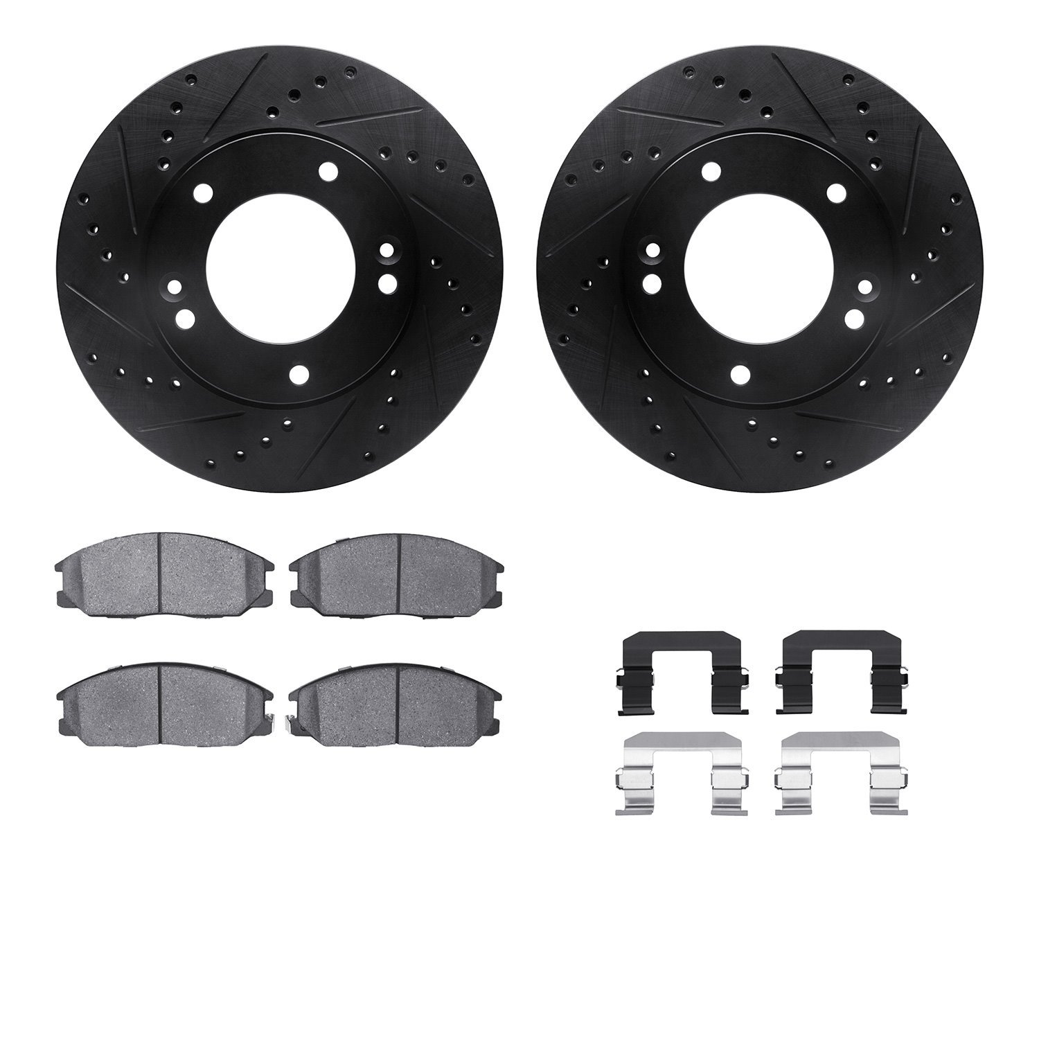 8312-21011 Drilled/Slotted Brake Rotors with 3000-Series Ceramic Brake Pads Kit & Hardware [Black], 2007-2009 Kia/Hyundai/Genesi