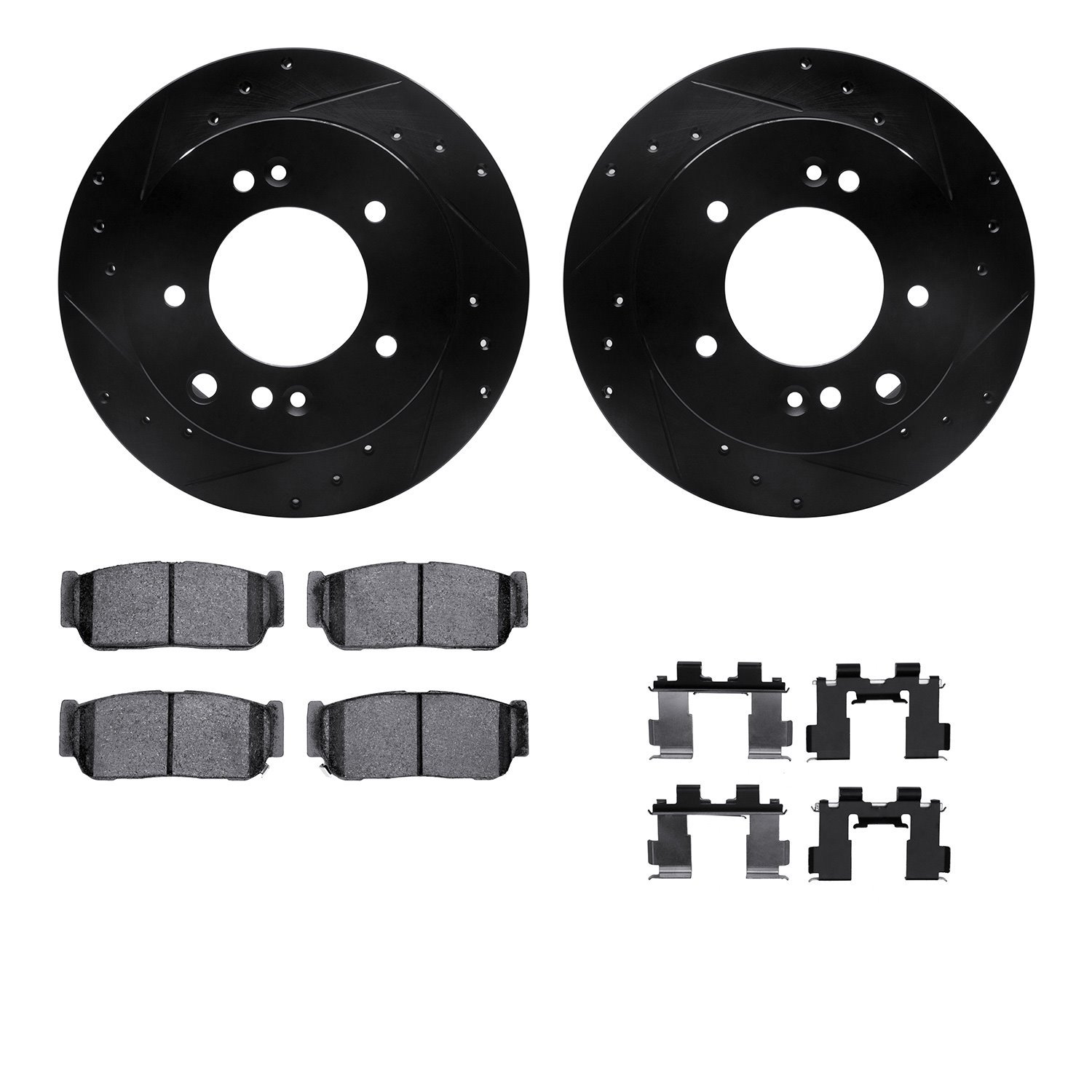8312-21019 Drilled/Slotted Brake Rotors with 3000-Series Ceramic Brake Pads Kit & Hardware [Black], 2003-2006 Kia/Hyundai/Genesi