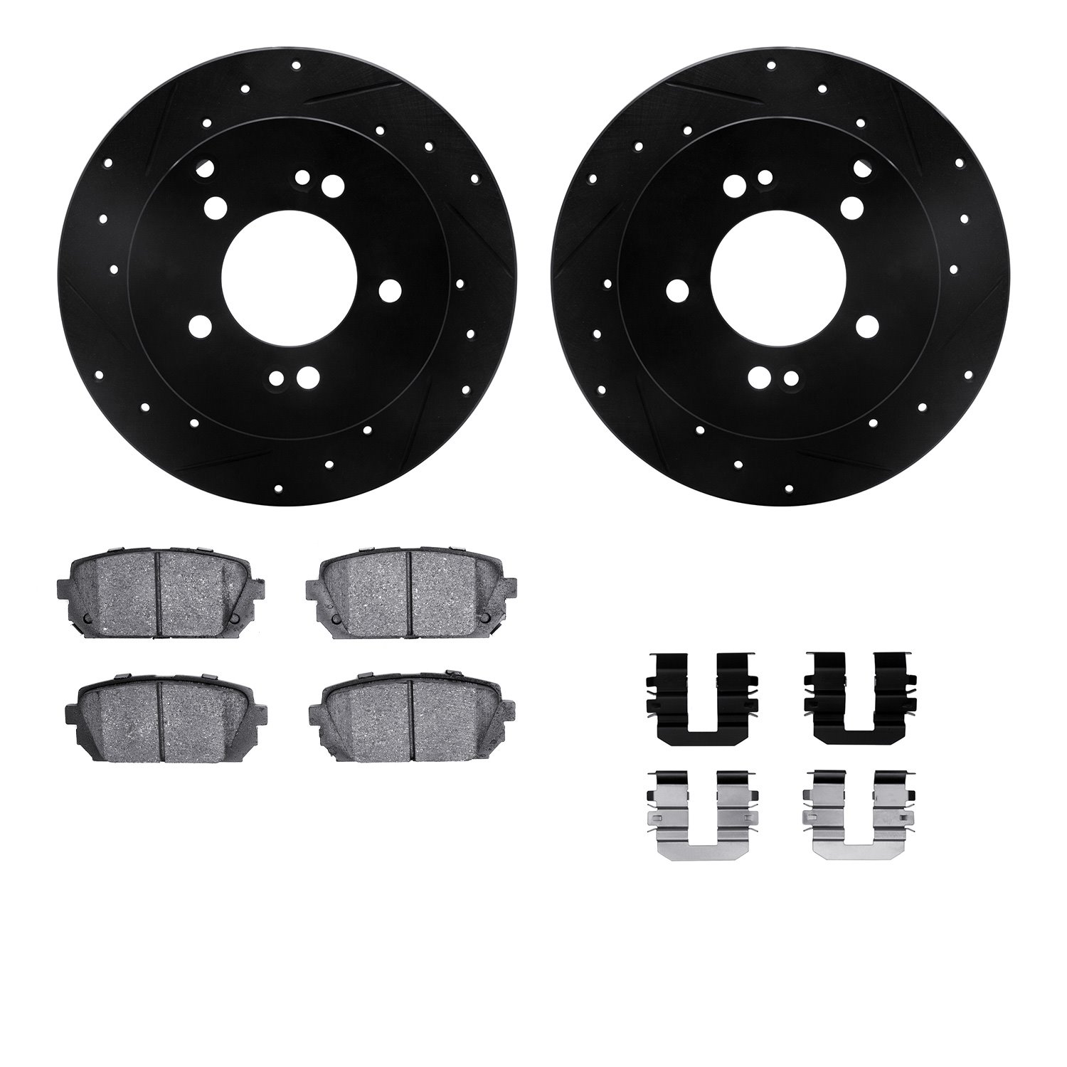 8312-21027 Drilled/Slotted Brake Rotors with 3000-Series Ceramic Brake Pads Kit & Hardware [Black], 2007-2012 Kia/Hyundai/Genesi