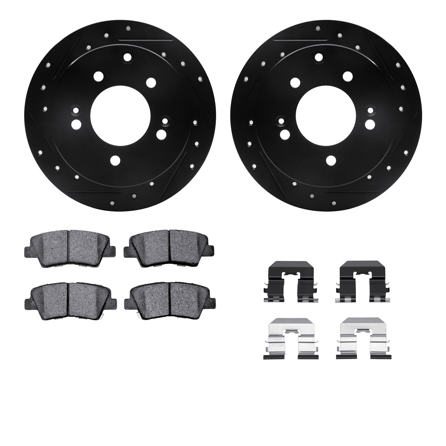 8312-21028 Drilled/Slotted Brake Rotors with 3000-Series Ceramic Brake Pads Kit & Hardware [Black], 2010-2013 Kia/Hyundai/Genesi