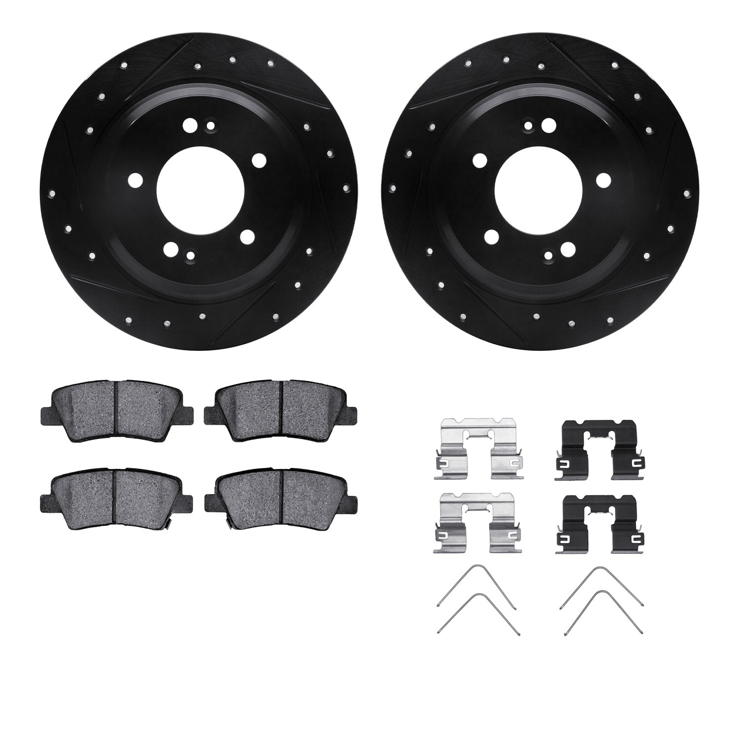 8312-21037 Drilled/Slotted Brake Rotors with 3000-Series Ceramic Brake Pads Kit & Hardware [Black], 2018-2020 Kia/Hyundai/Genesi
