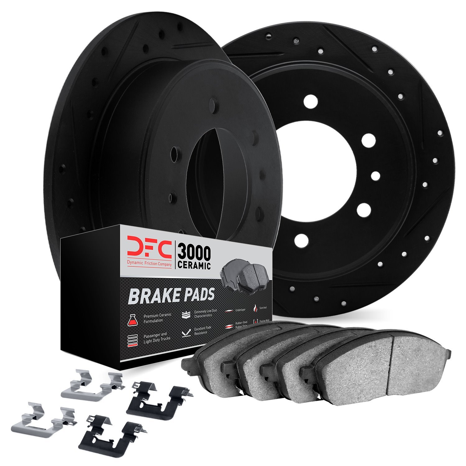 8312-21040 Drilled/Slotted Brake Rotors with 3000-Series Ceramic Brake Pads Kit & Hardware [Black], 2007-2014 Kia/Hyundai/Genesi