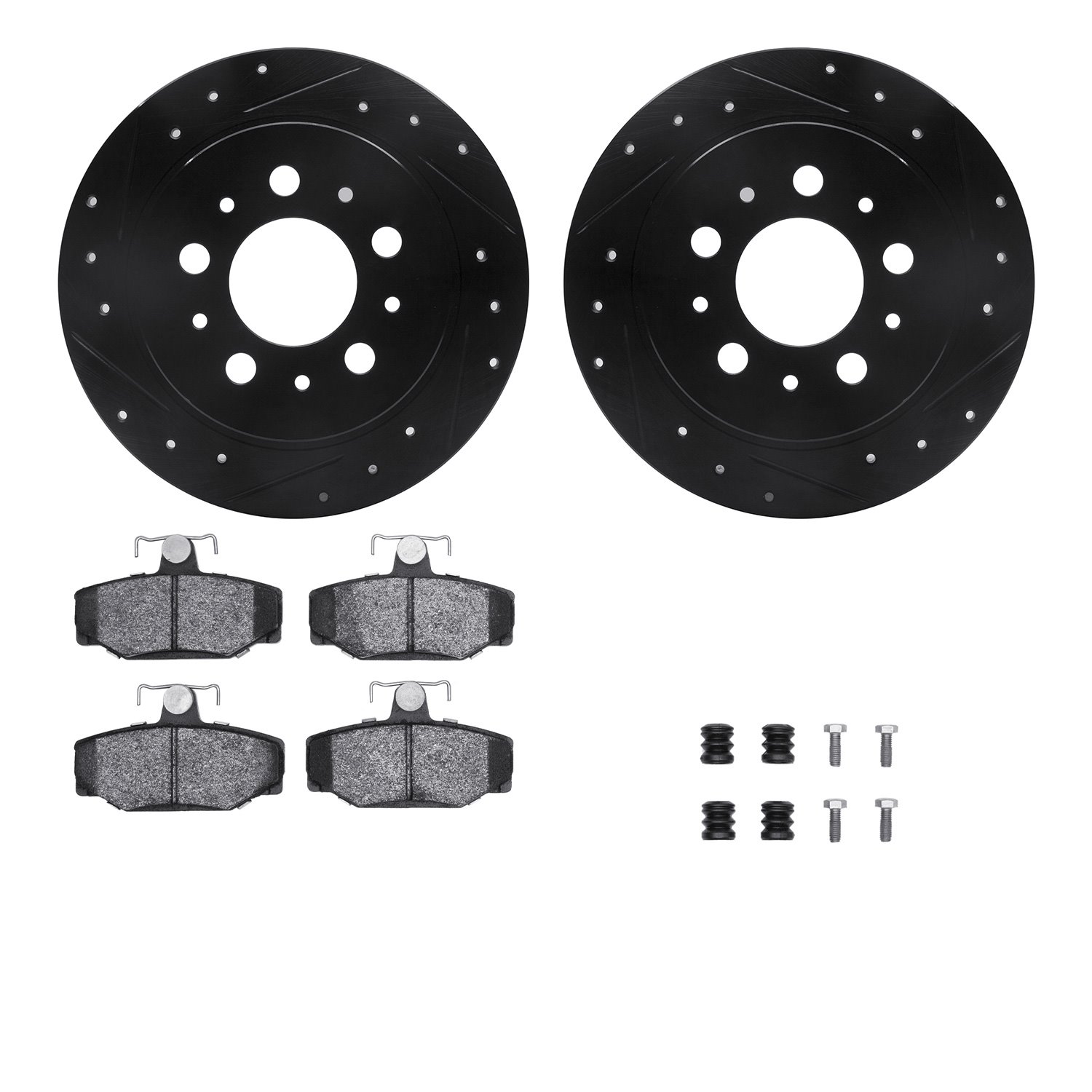 8312-27028 Drilled/Slotted Brake Rotors with 3000-Series Ceramic Brake Pads Kit & Hardware [Black], 1995-1997 Volvo, Position: R