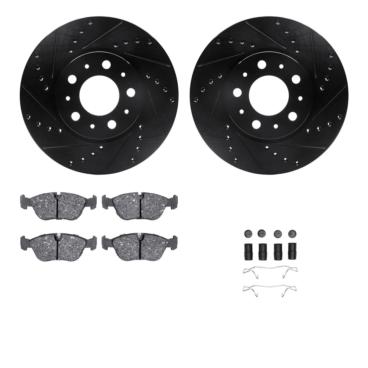 8312-27045 Drilled/Slotted Brake Rotors with 3000-Series Ceramic Brake Pads Kit & Hardware [Black], 1996-2004 Volvo, Position: F