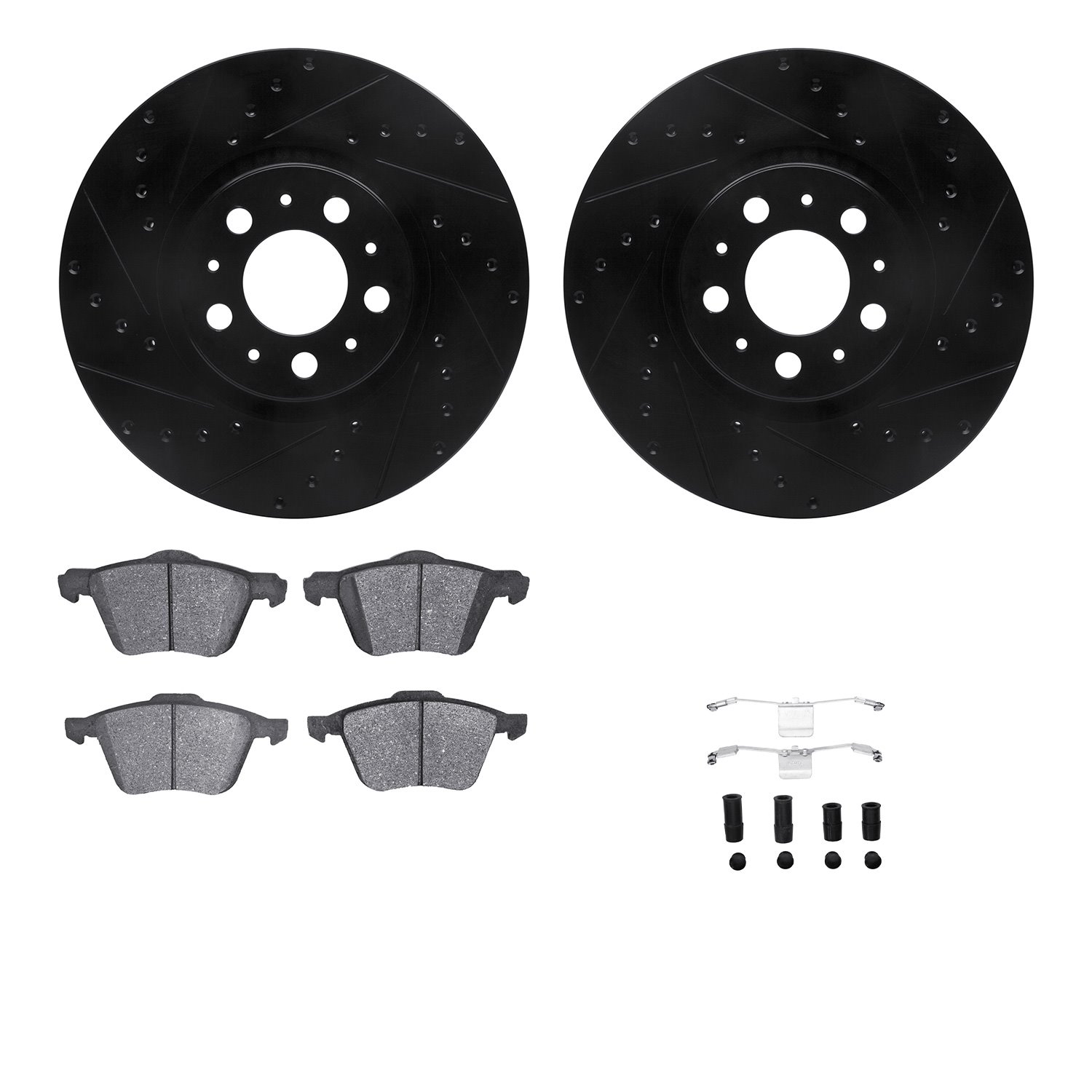 8312-27052 Drilled/Slotted Brake Rotors with 3000-Series Ceramic Brake Pads Kit & Hardware [Black], 2003-2009 Volvo, Position: F