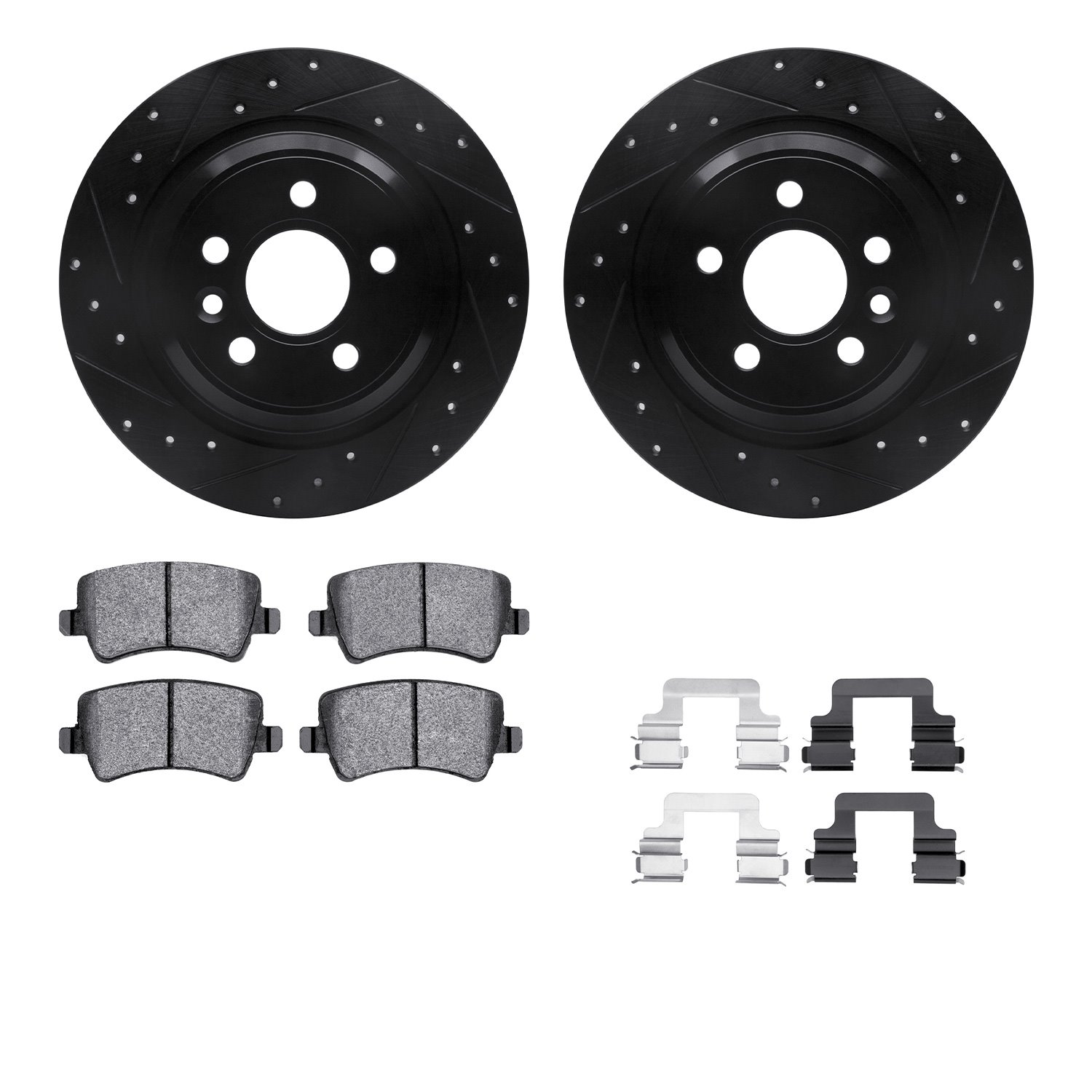 8312-27061 Drilled/Slotted Brake Rotors with 3000-Series Ceramic Brake Pads Kit & Hardware [Black], 2018-2018 Volvo, Position: R