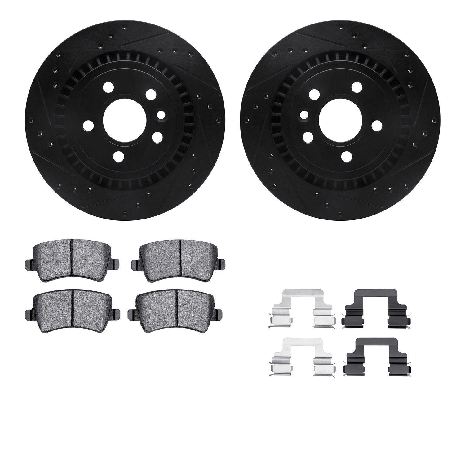 8312-27064 Drilled/Slotted Brake Rotors with 3000-Series Ceramic Brake Pads Kit & Hardware [Black], 2016-2018 Volvo, Position: R