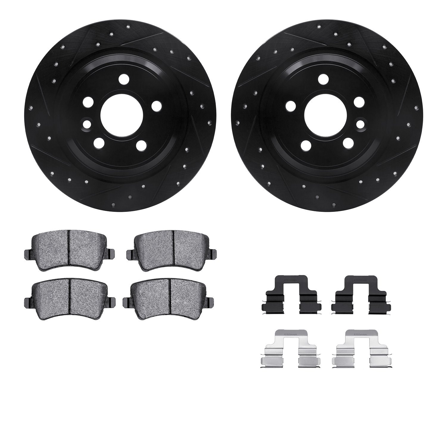 8312-27066 Drilled/Slotted Brake Rotors with 3000-Series Ceramic Brake Pads Kit & Hardware [Black], 2007-2018 Volvo, Position: R