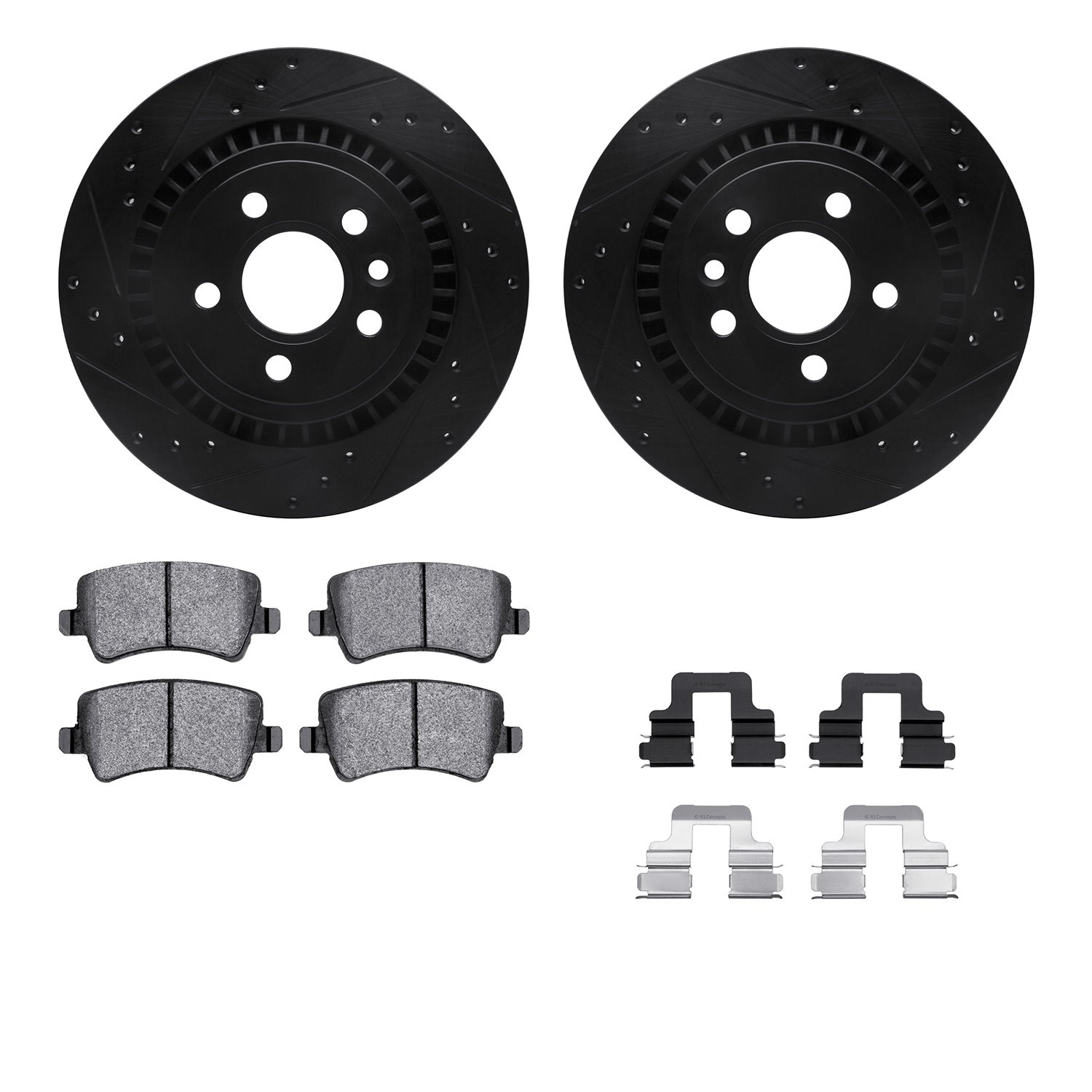 8312-27068 Drilled/Slotted Brake Rotors with 3000-Series Ceramic Brake Pads Kit & Hardware [Black], 2008-2016 Volvo, Position: R