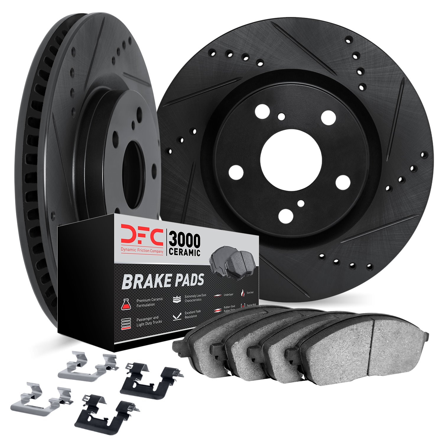 8312-27077 Drilled/Slotted Brake Rotors with 3000-Series Ceramic Brake Pads Kit & Hardware [Black], Fits Select Volvo, Position: