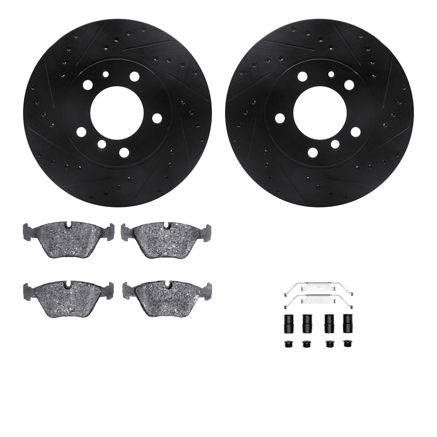 8312-31020 Drilled/Slotted Brake Rotors with 3000-Series Ceramic Brake Pads Kit & Hardware [Black], 1987-1995 BMW, Position: Fro