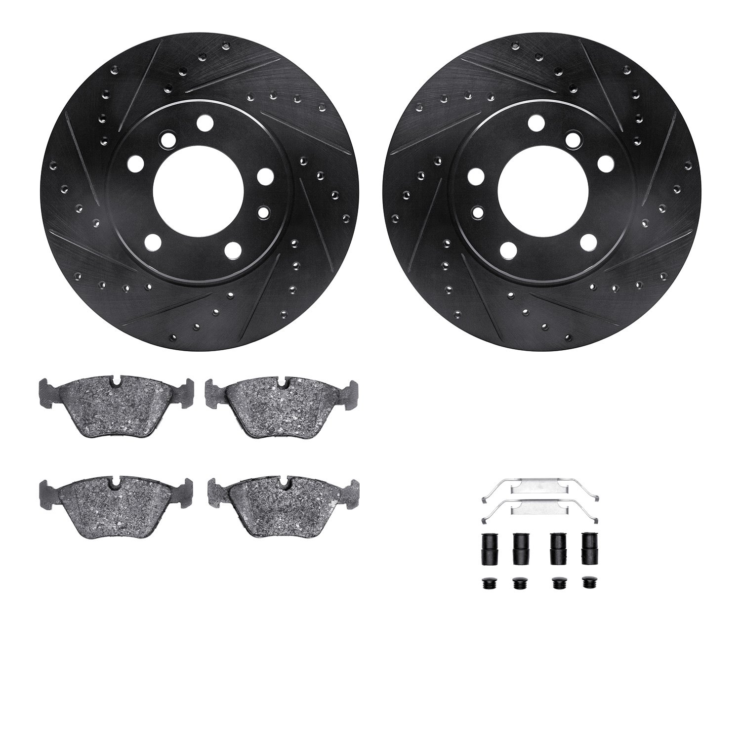 8312-31021 Drilled/Slotted Brake Rotors with 3000-Series Ceramic Brake Pads Kit & Hardware [Black], 1989-1995 BMW, Position: Fro