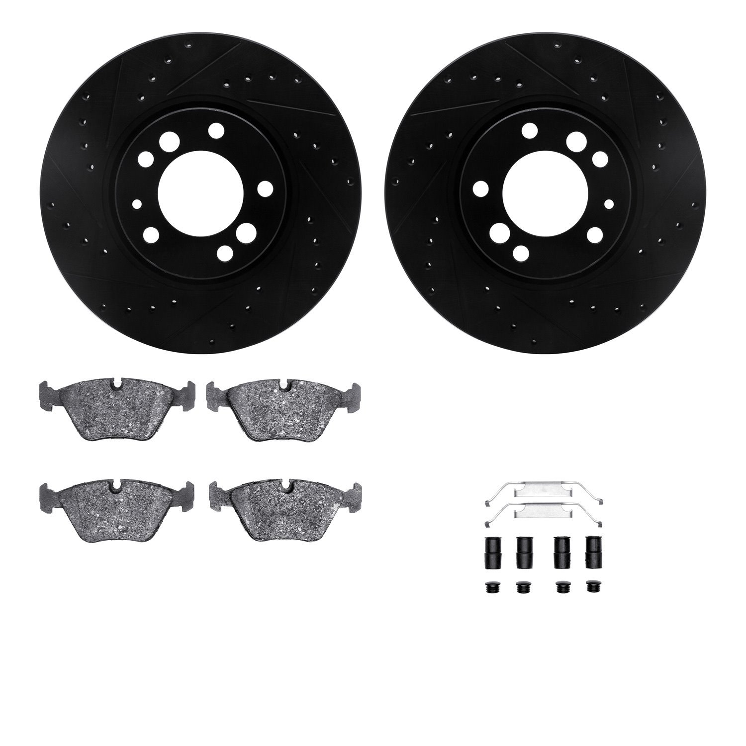 8312-31022 Drilled/Slotted Brake Rotors with 3000-Series Ceramic Brake Pads Kit & Hardware [Black], 1991-1993 BMW, Position: Fro