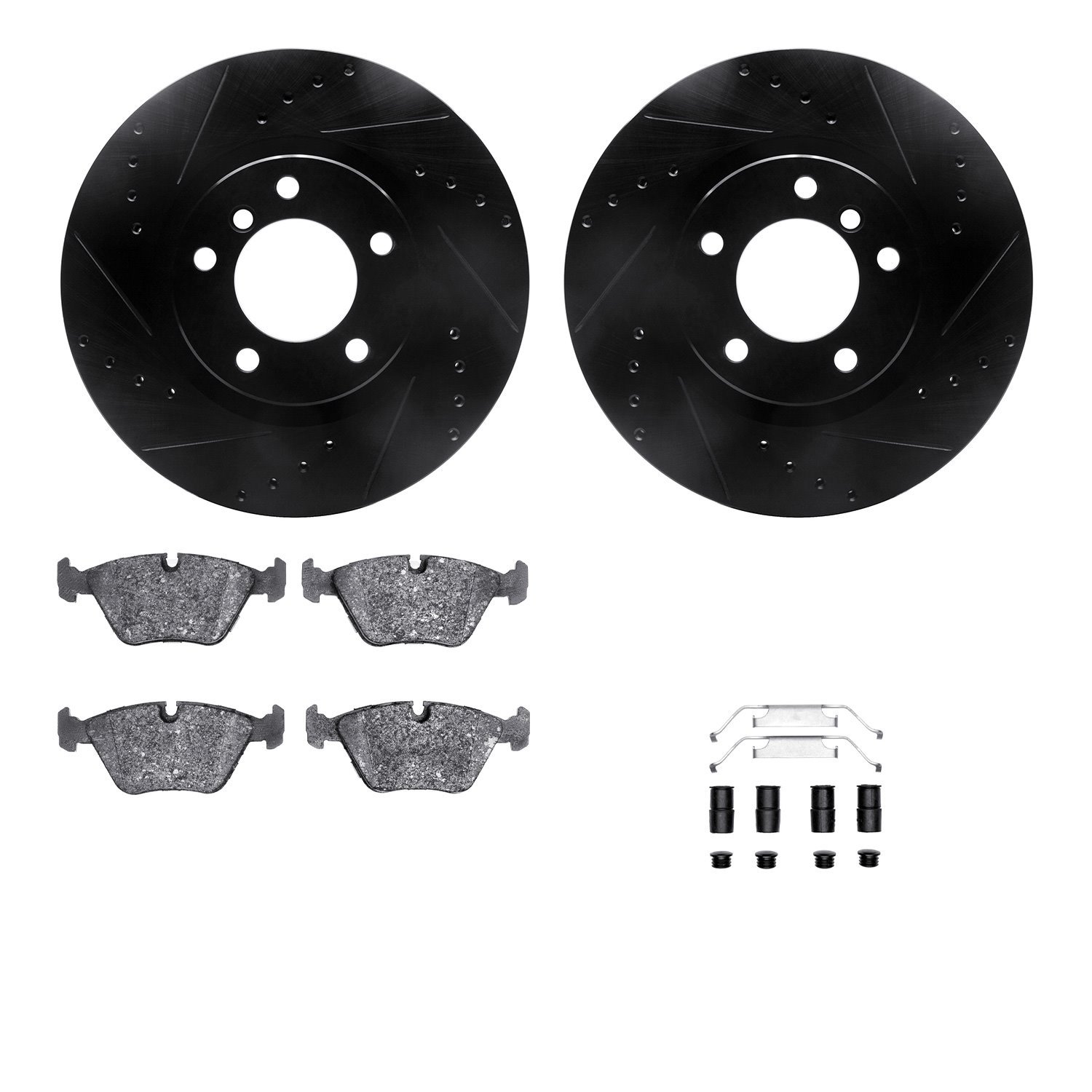 8312-31023 Drilled/Slotted Brake Rotors with 3000-Series Ceramic Brake Pads Kit & Hardware [Black], 1995-2002 BMW, Position: Fro
