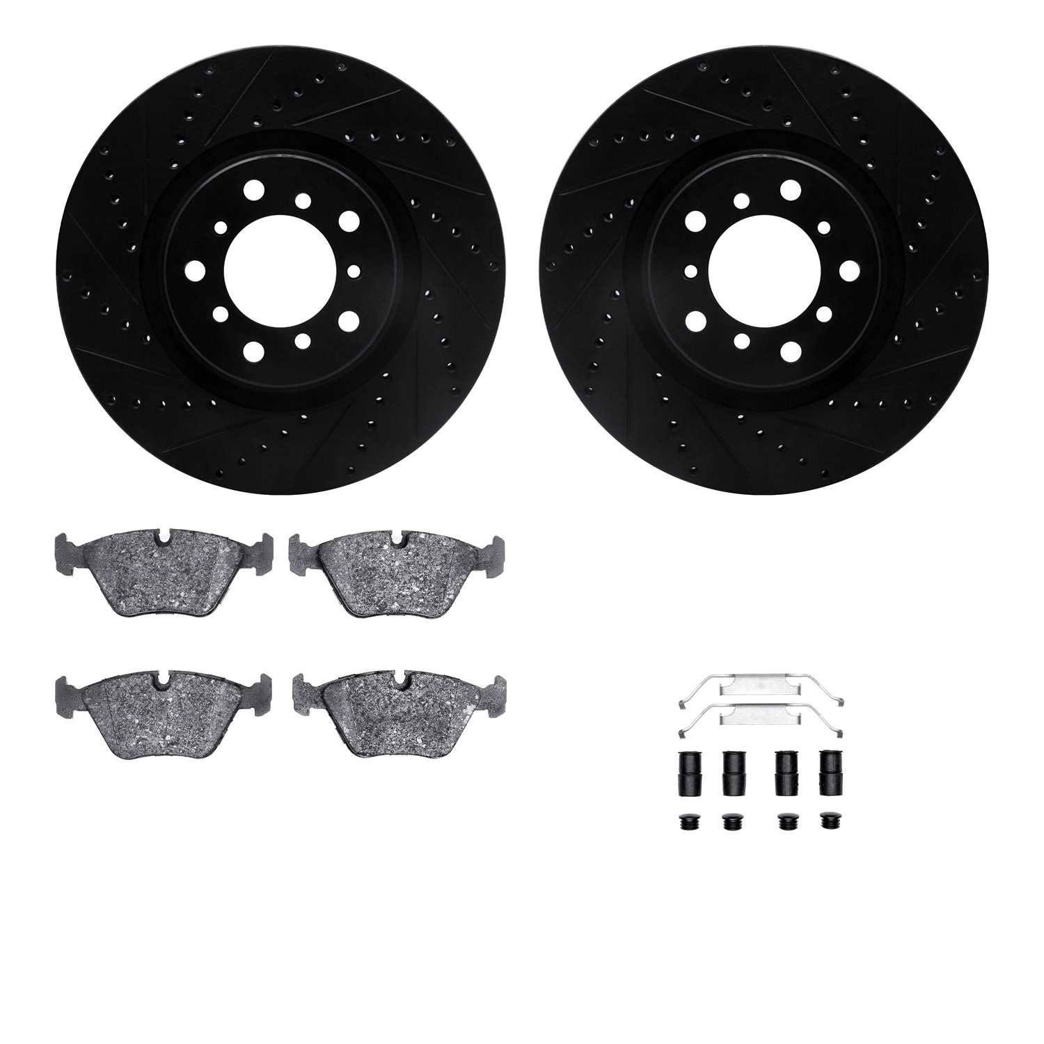 8312-31024 Drilled/Slotted Brake Rotors with 3000-Series Ceramic Brake Pads Kit & Hardware [Black], 2001-2005 BMW, Position: Fro