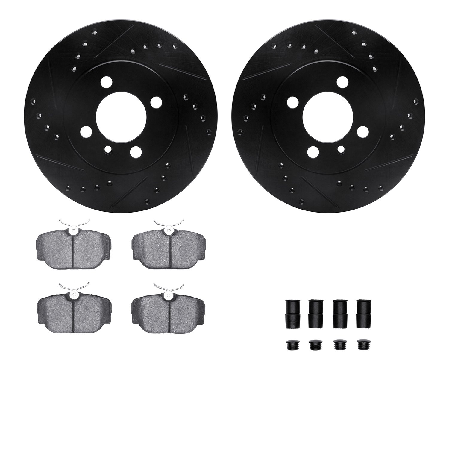 8312-31031 Drilled/Slotted Brake Rotors with 3000-Series Ceramic Brake Pads Kit & Hardware [Black], 1984-1991 BMW, Position: Fro