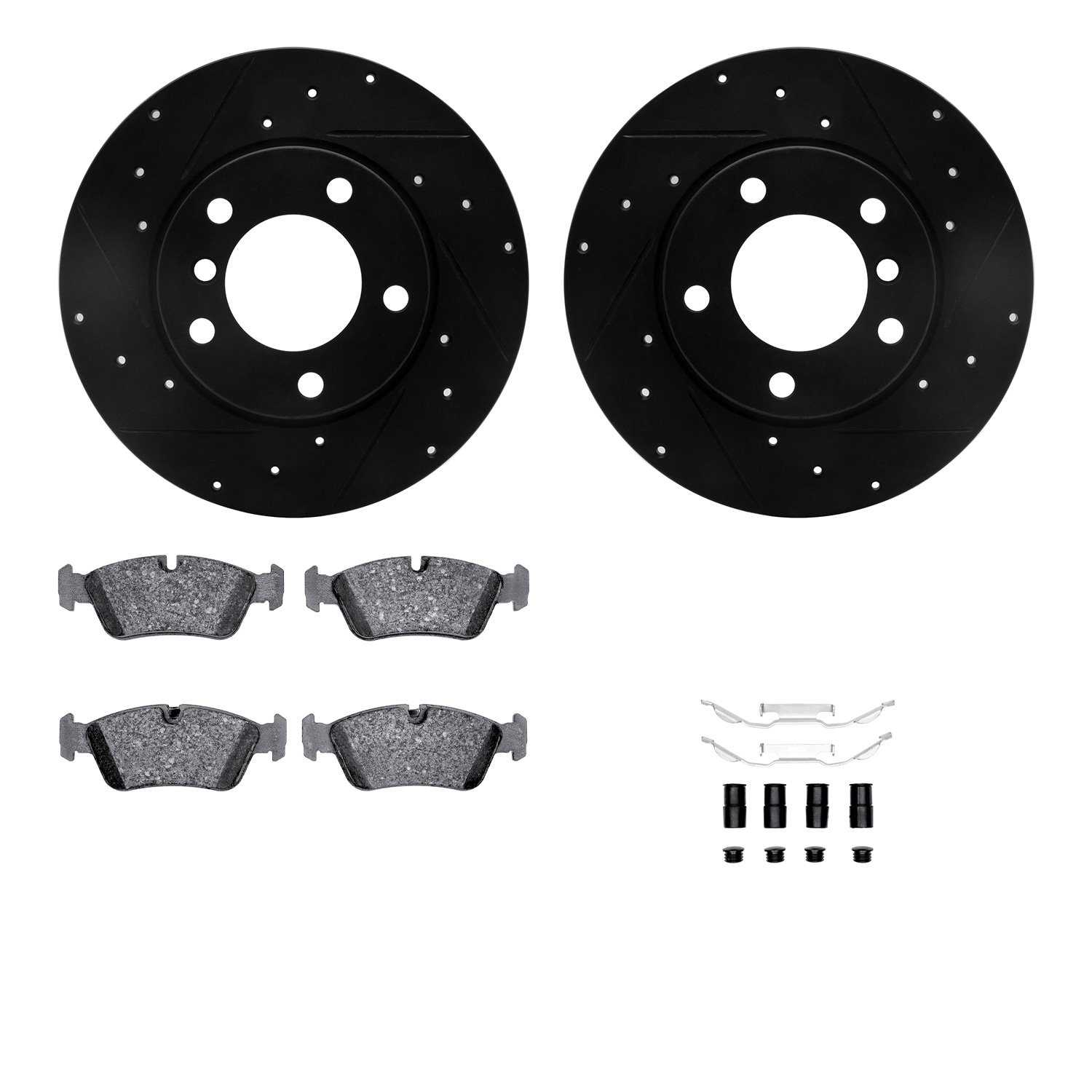 8312-31038 Drilled/Slotted Brake Rotors with 3000-Series Ceramic Brake Pads Kit & Hardware [Black], 1995-1998 BMW, Position: Fro