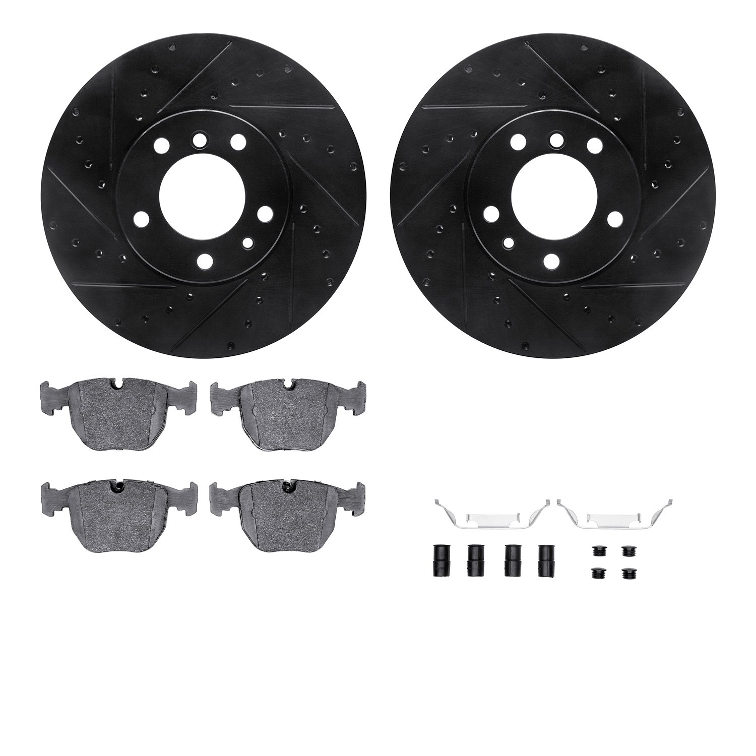 8312-31040 Drilled/Slotted Brake Rotors with 3000-Series Ceramic Brake Pads Kit & Hardware [Black], 1995-2001 BMW, Position: Fro