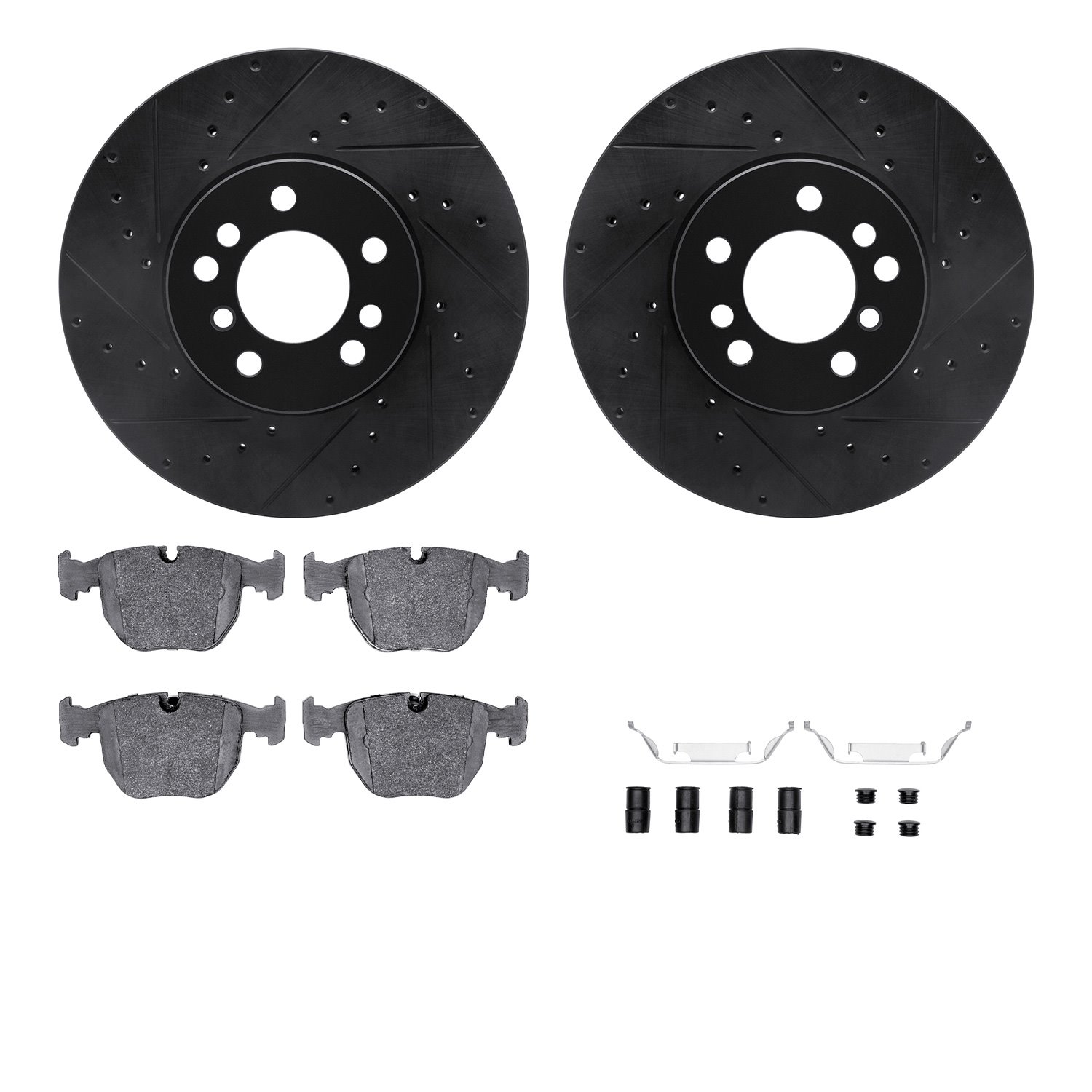 8312-31043 Drilled/Slotted Brake Rotors with 3000-Series Ceramic Brake Pads Kit & Hardware [Black], 2000-2006 BMW, Position: Fro
