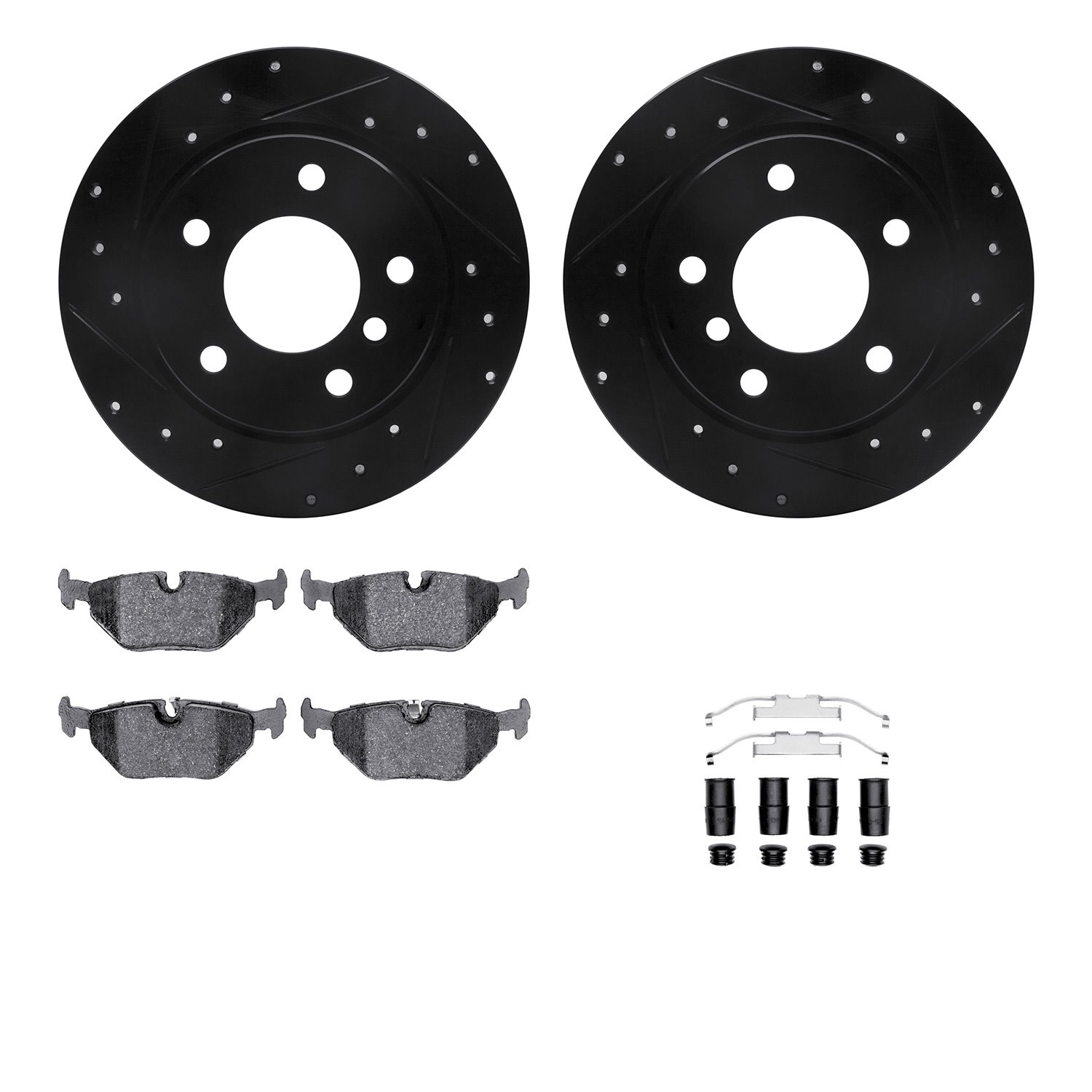 8312-31057 Drilled/Slotted Brake Rotors with 3000-Series Ceramic Brake Pads Kit & Hardware [Black], 1991-1999 BMW, Position: Rea