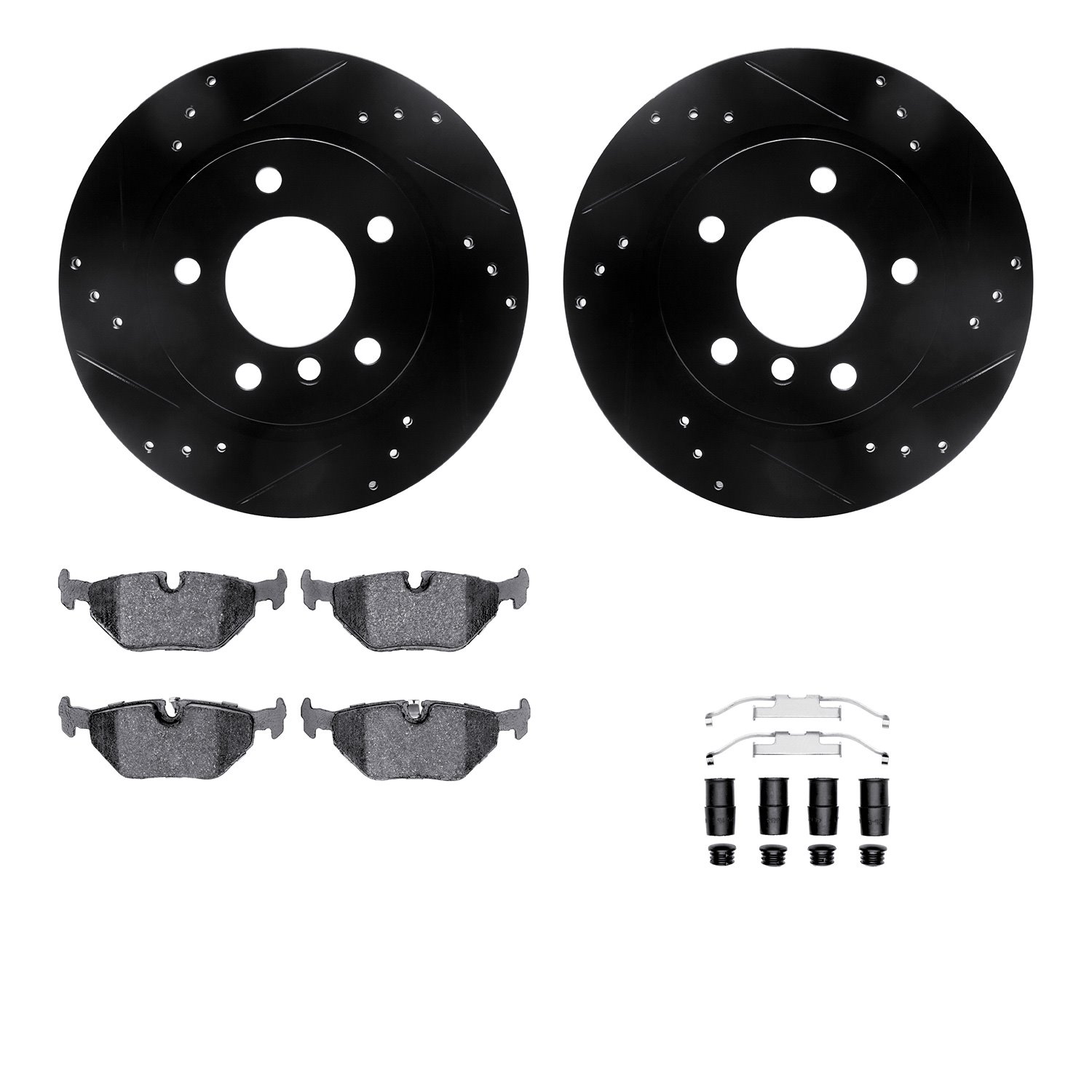 8312-31064 Drilled/Slotted Brake Rotors with 3000-Series Ceramic Brake Pads Kit & Hardware [Black], 2003-2008 BMW, Position: Rea