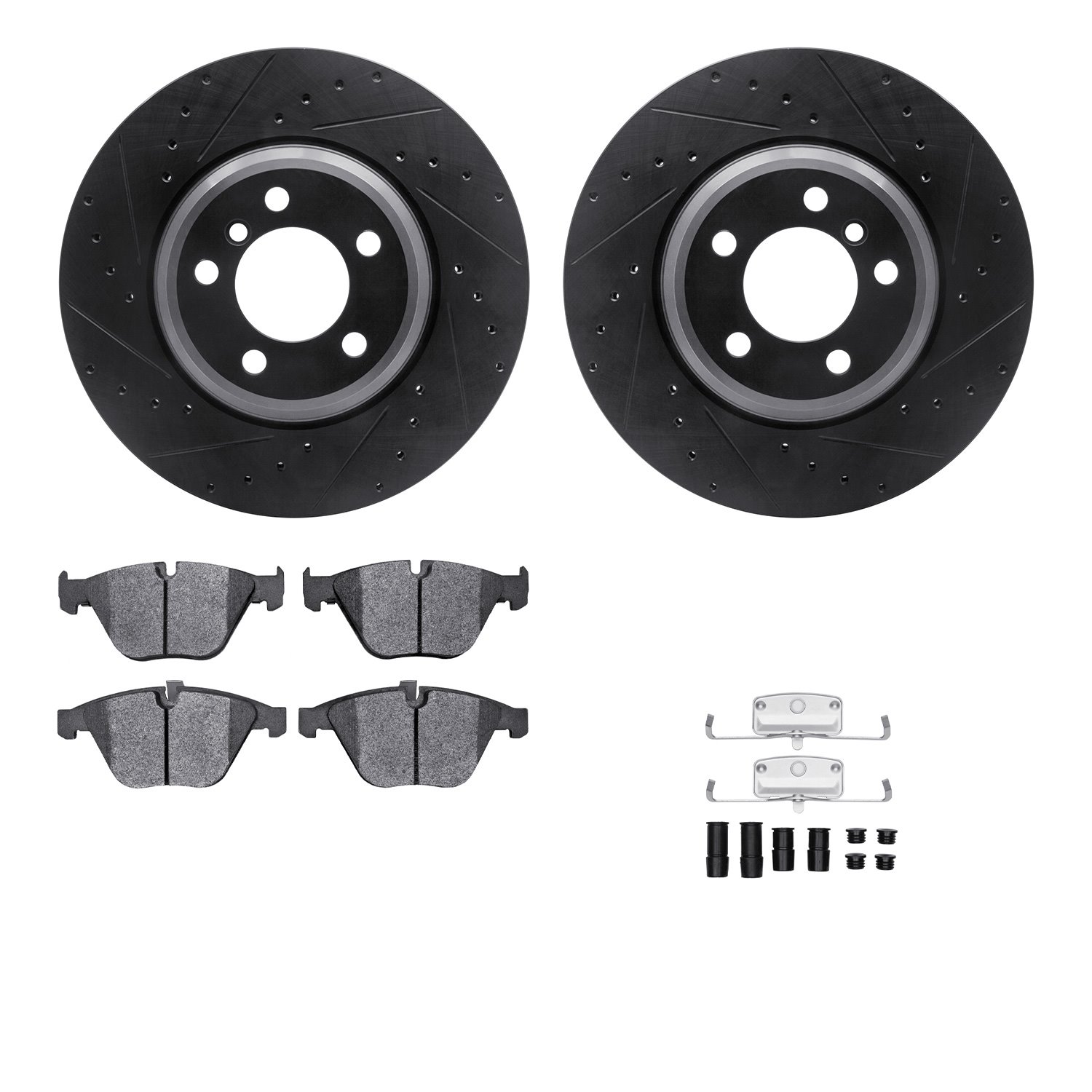 8312-31067 Drilled/Slotted Brake Rotors with 3000-Series Ceramic Brake Pads Kit & Hardware [Black], 2002-2008 BMW, Position: Fro