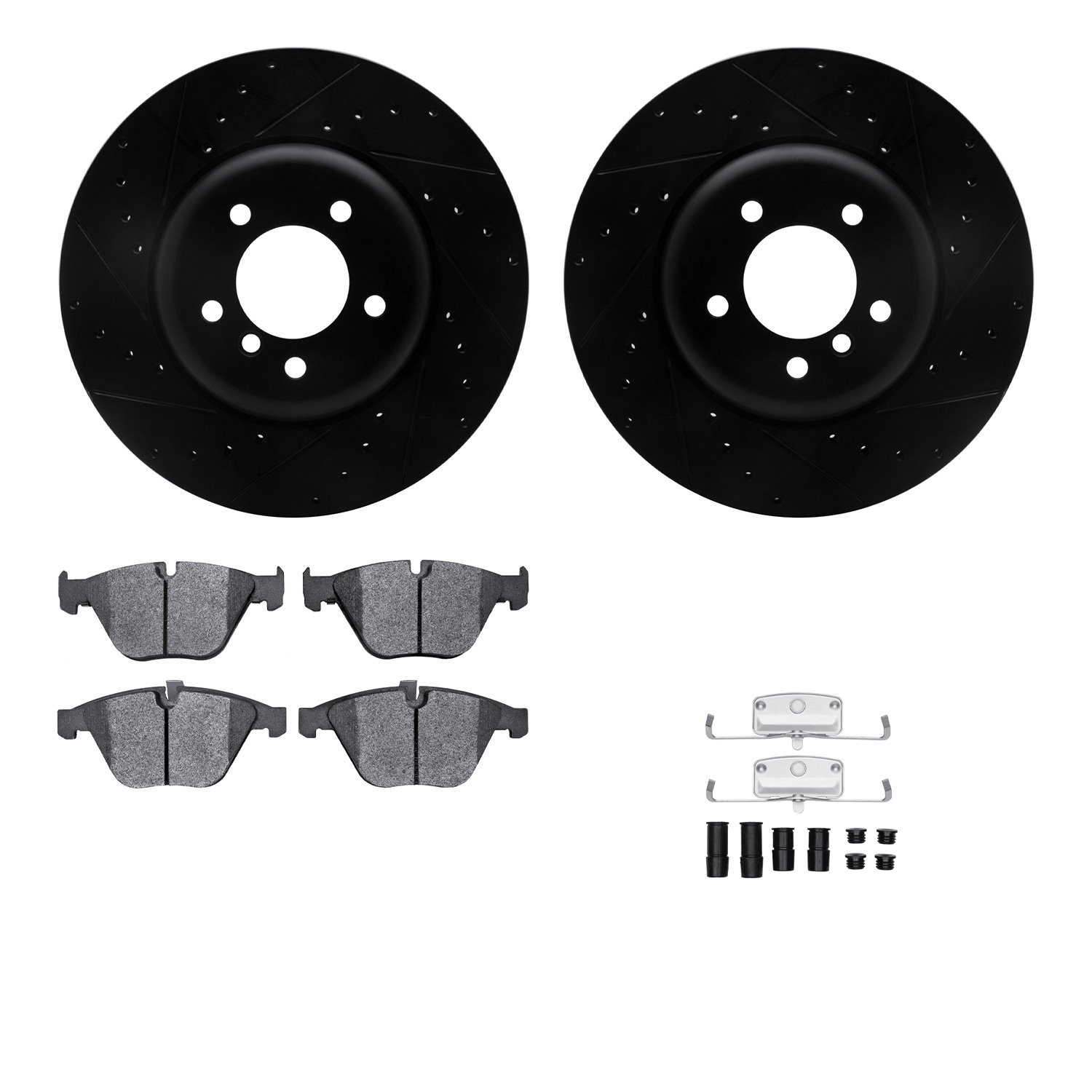 8312-31069 Drilled/Slotted Brake Rotors with 3000-Series Ceramic Brake Pads Kit & Hardware [Black], 2004-2010 BMW, Position: Fro