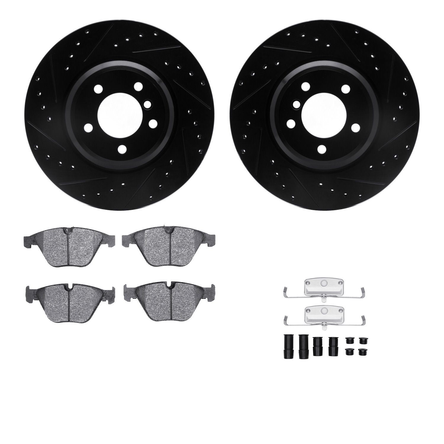 8312-31070 Drilled/Slotted Brake Rotors with 3000-Series Ceramic Brake Pads Kit & Hardware [Black], 2007-2015 BMW, Position: Fro