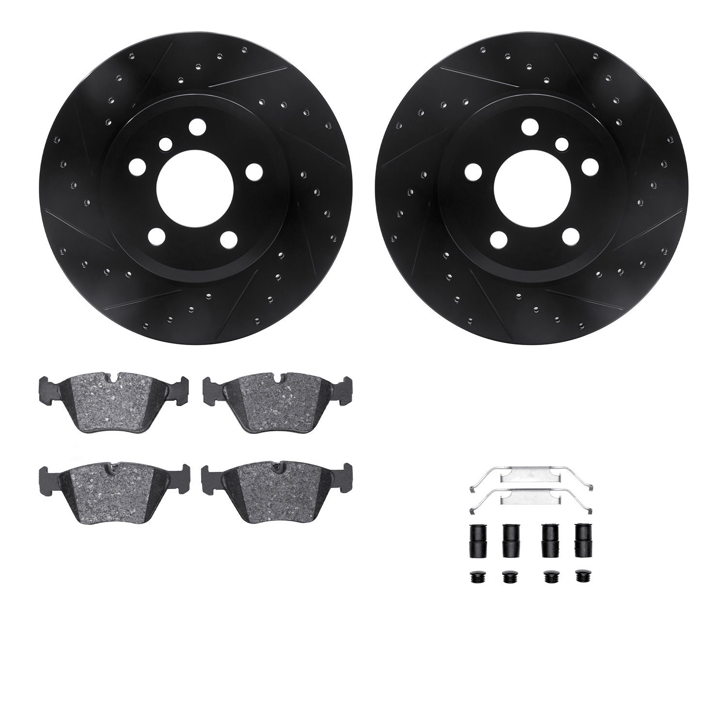 8312-31080 Drilled/Slotted Brake Rotors with 3000-Series Ceramic Brake Pads Kit & Hardware [Black], 2004-2010 BMW, Position: Fro