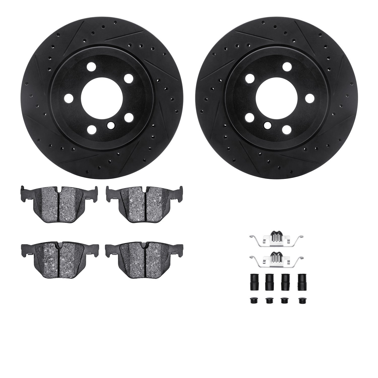 8312-31081 Drilled/Slotted Brake Rotors with 3000-Series Ceramic Brake Pads Kit & Hardware [Black], 2007-2019 BMW, Position: Rea