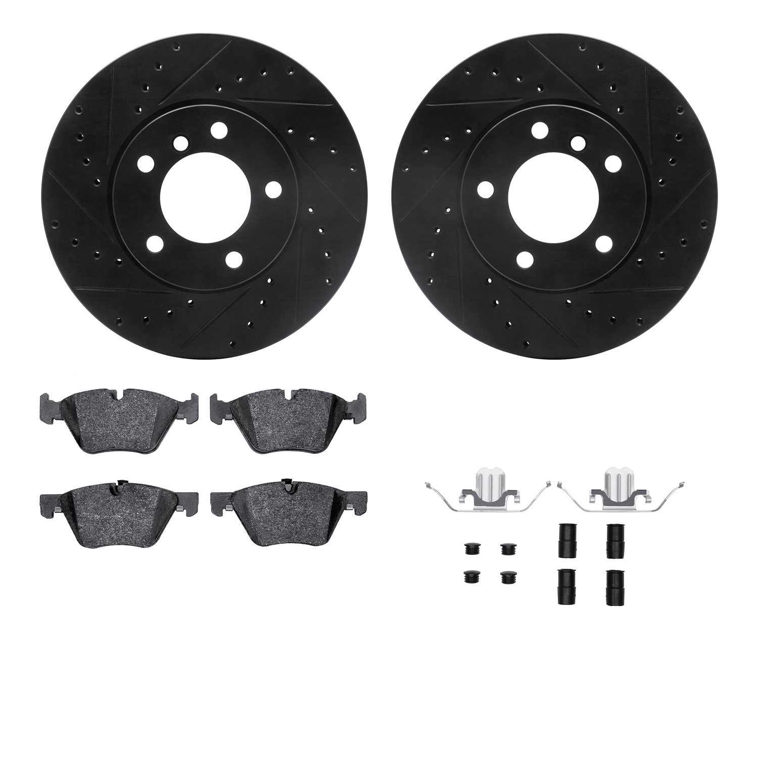 8312-31082 Drilled/Slotted Brake Rotors with 3000-Series Ceramic Brake Pads Kit & Hardware [Black], 2006-2007 BMW, Position: Fro