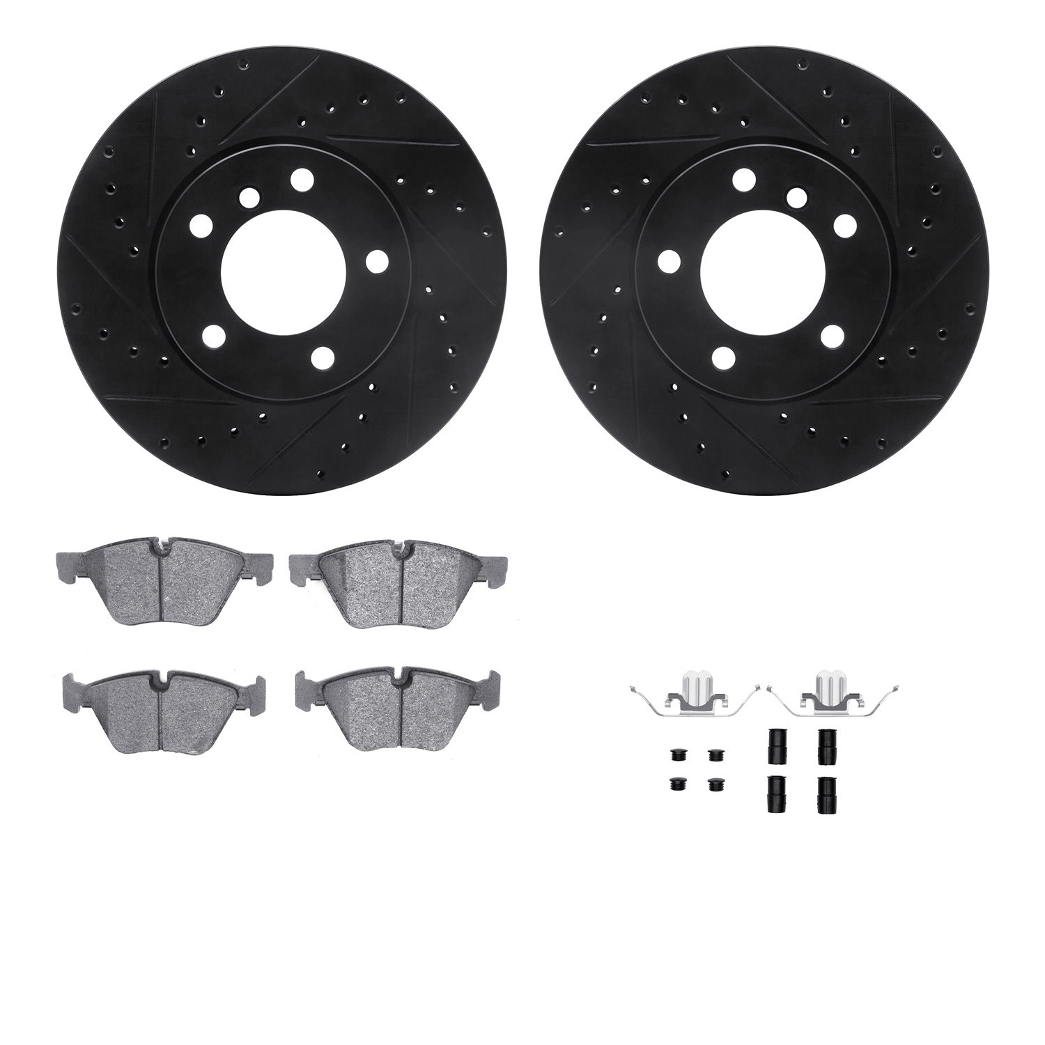 8312-31085 Drilled/Slotted Brake Rotors with 3000-Series Ceramic Brake Pads Kit & Hardware [Black], 2007-2013 BMW, Position: Fro
