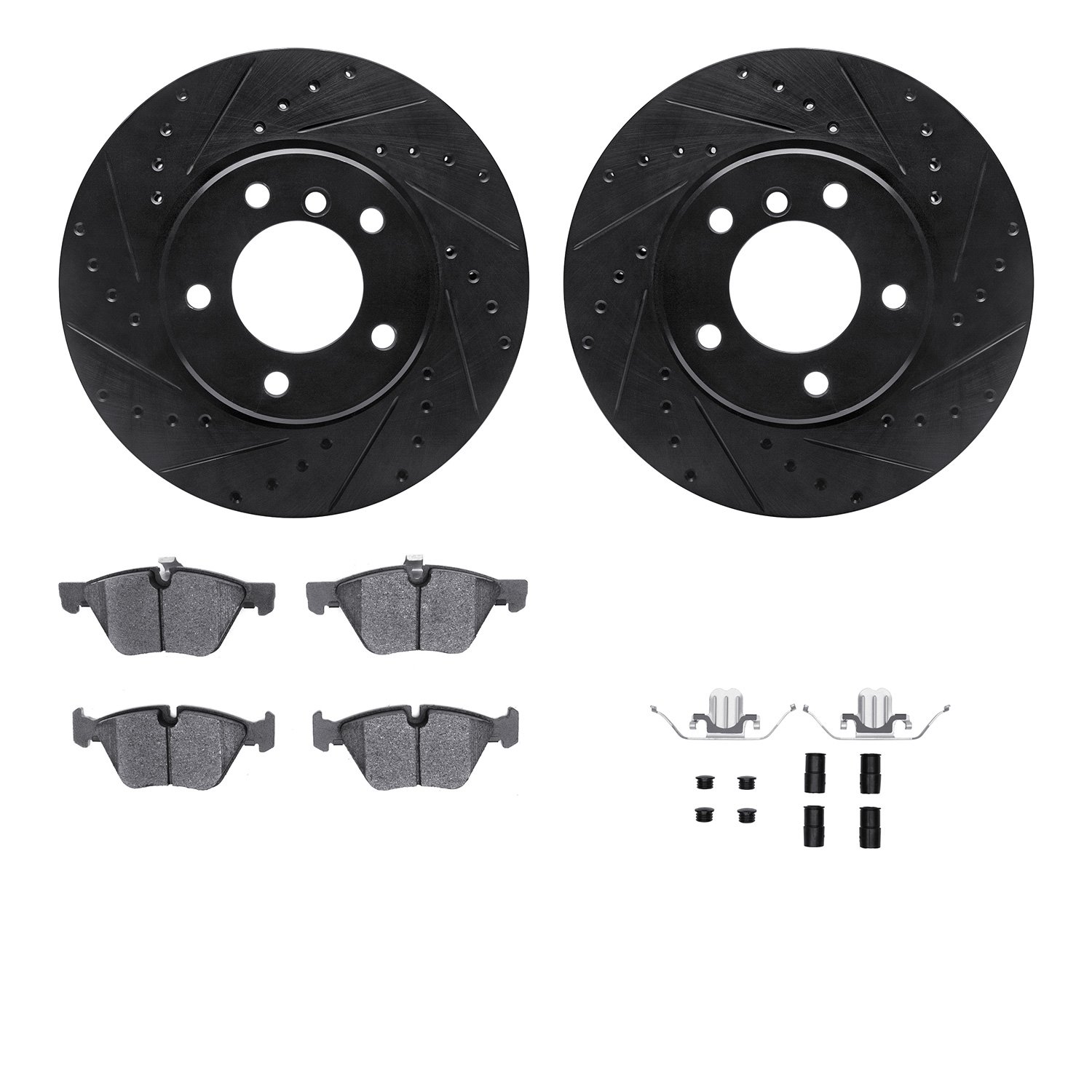 8312-31086 Drilled/Slotted Brake Rotors with 3000-Series Ceramic Brake Pads Kit & Hardware [Black], 2004-2010 BMW, Position: Fro